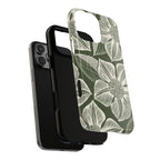 Vintage Bloom Cypress MagSafe iPhone 17 – Glossy | cypress green ground, large-scale white clematis print, dual-layer case and inner lining detail with camera cutout view