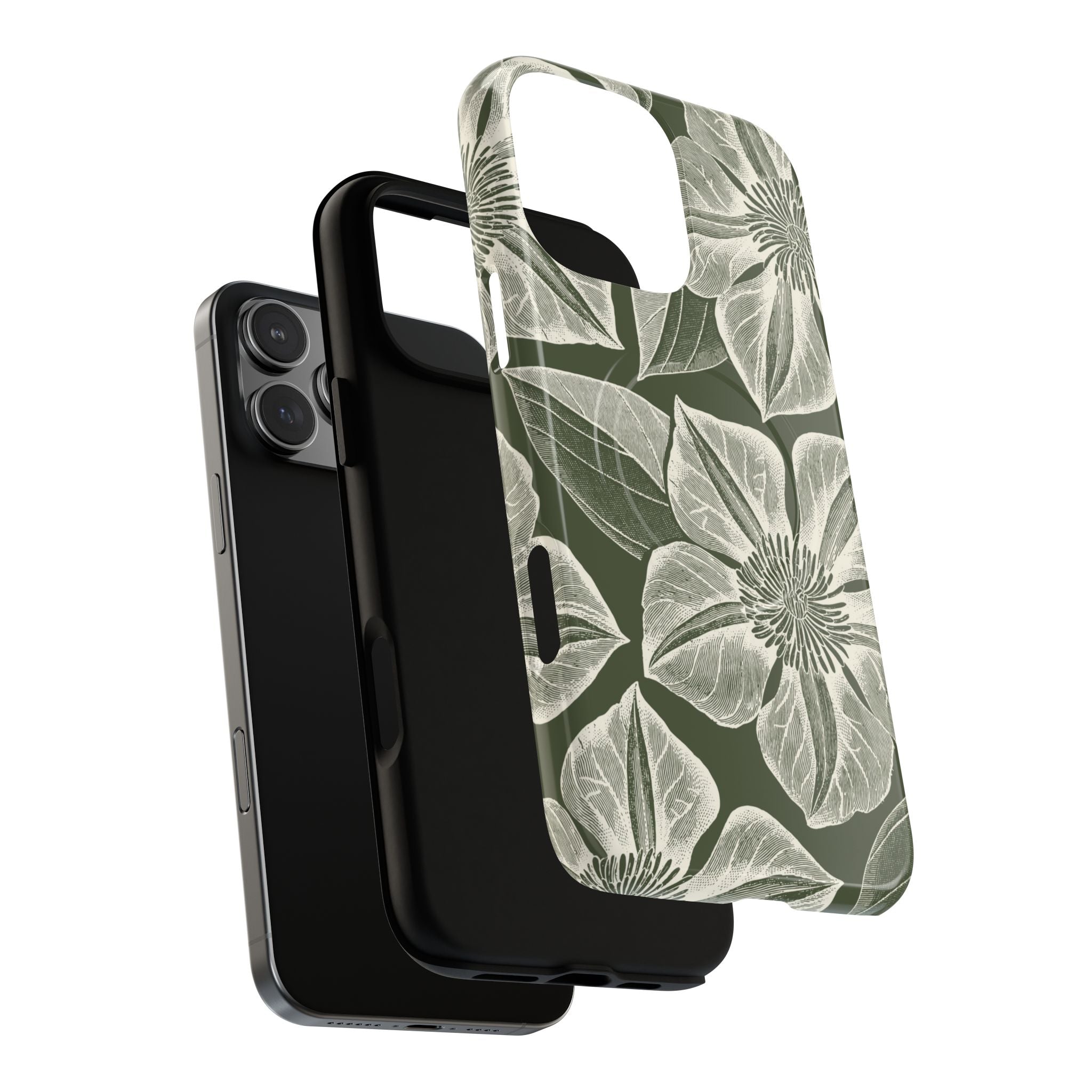 Vintage Bloom Cypress MagSafe iPhone 17 – Glossy | cypress green ground, large-scale white clematis print, dual-layer case and inner lining detail with camera cutout view