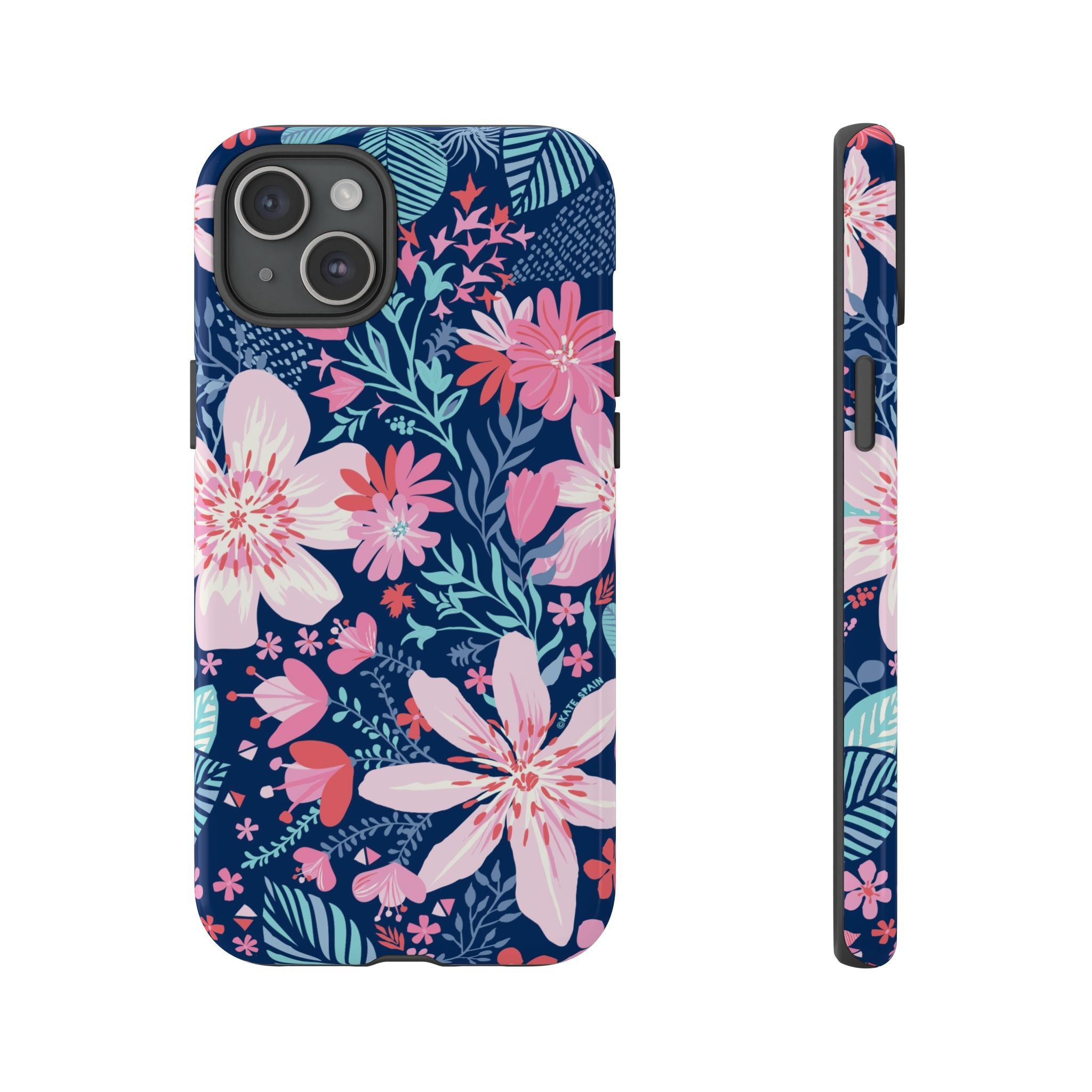 Bonaire Tough iPhone 15 Plus Case – Glossy | navy, pink, white tropical floral botanical print