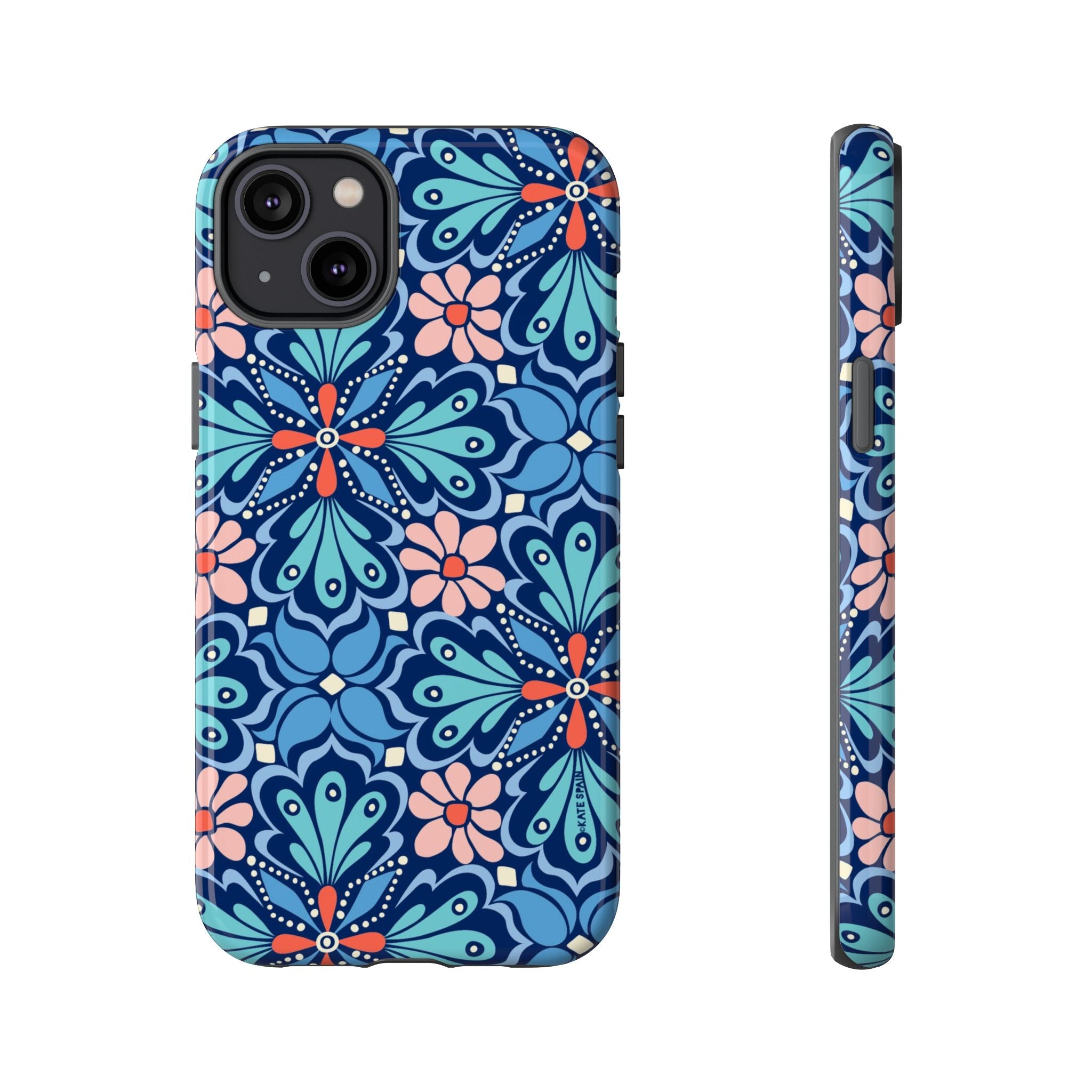 Bolero Tough iPhone 14 Plus Case – Glossy | navy, cobalt, blush geometric medallion floral print