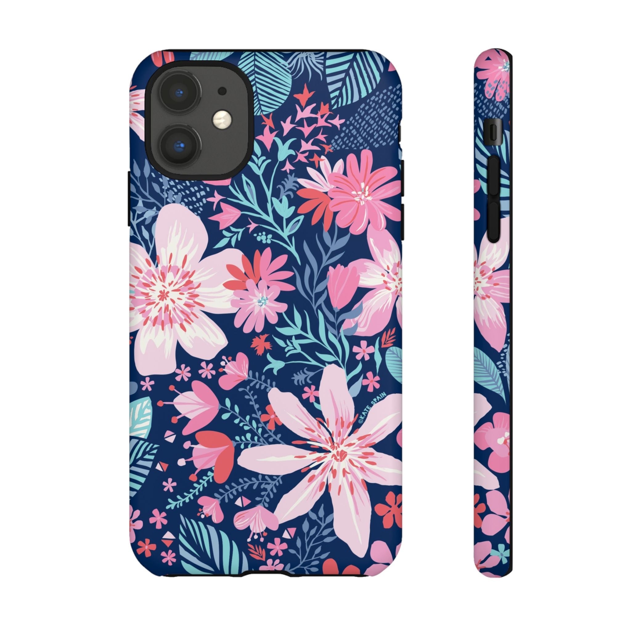 Bonaire Tough iPhone 11 Case – Matte | navy, pink, white tropical floral botanical print