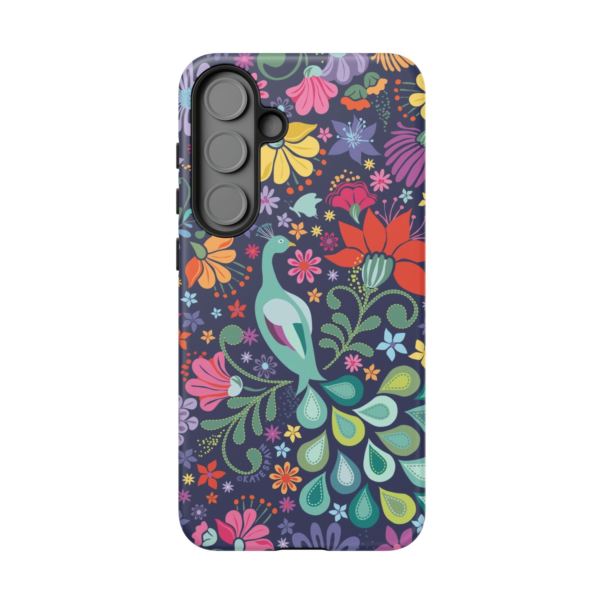 Luxury Peacock Sanctuary Samsung Galaxy S25 Plus Case – Glossy | navy, teal, coral multicolor vibrant peacock feather botanical print