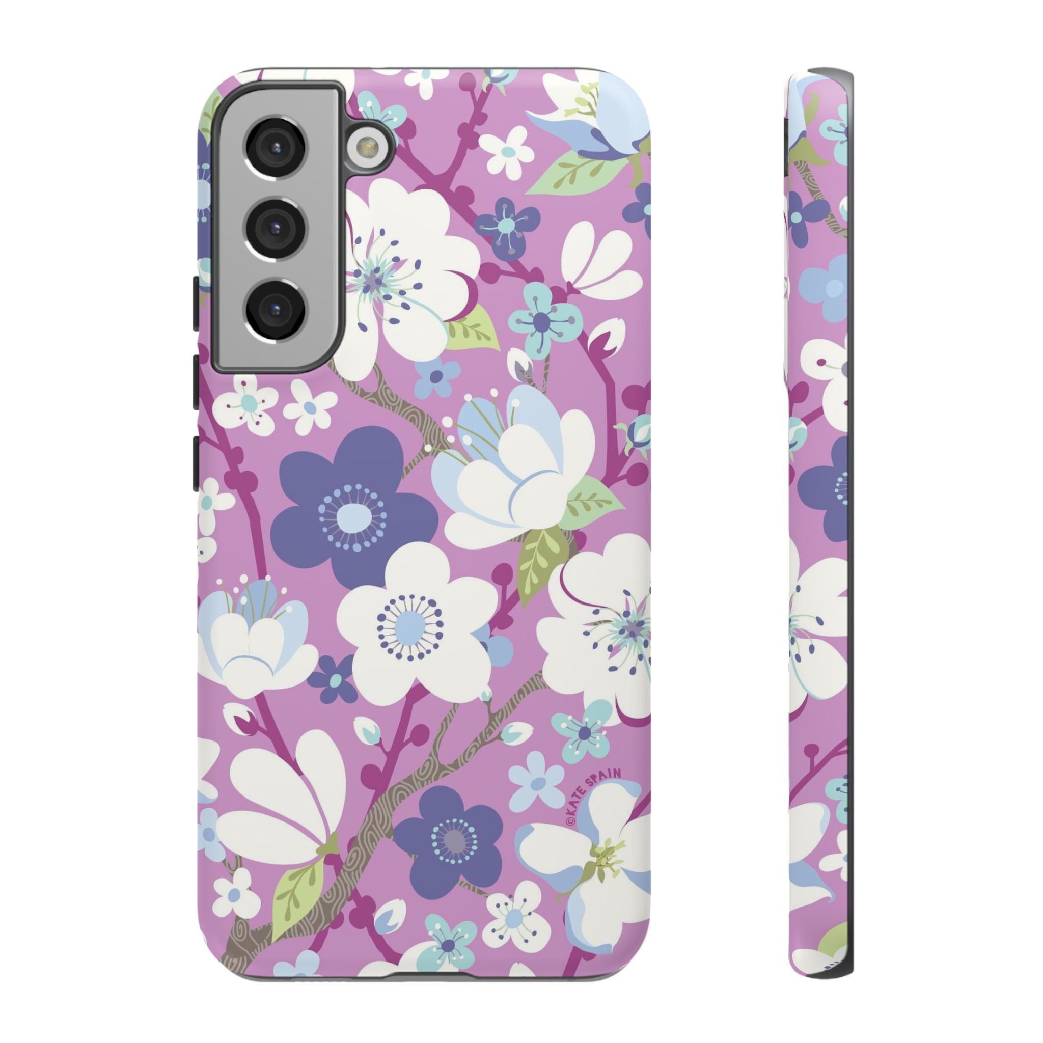 Cherry Blossom Samsung Galaxy S22 Plus Case – Matte | mauve, white, periwinkle cherry blossom floral print