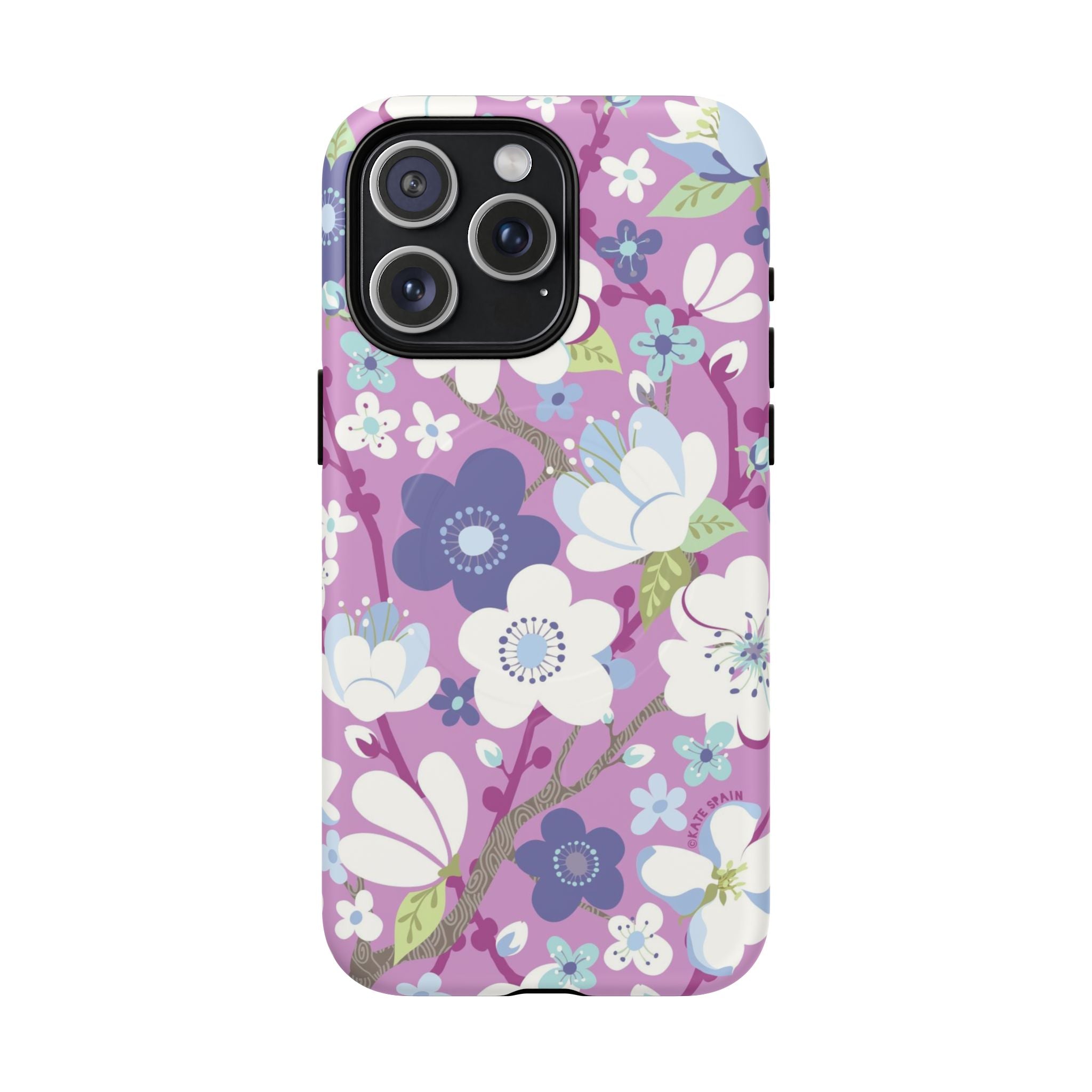 Purple Cherry Blossom MagSafe iPhone 15 Pro Max Case – Matte | mauve, purple, blue, white cherry blossom print