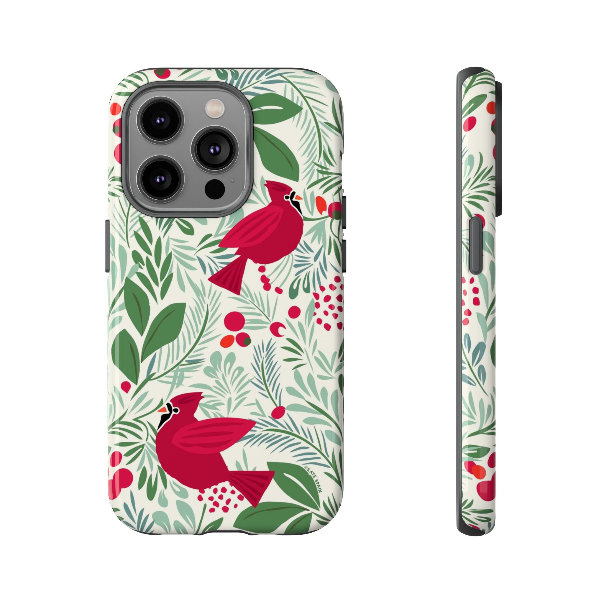 Birds and Berries Tough iPhone 14 Pro Case – Glossy | cream, red, green botanical cardinal berry print