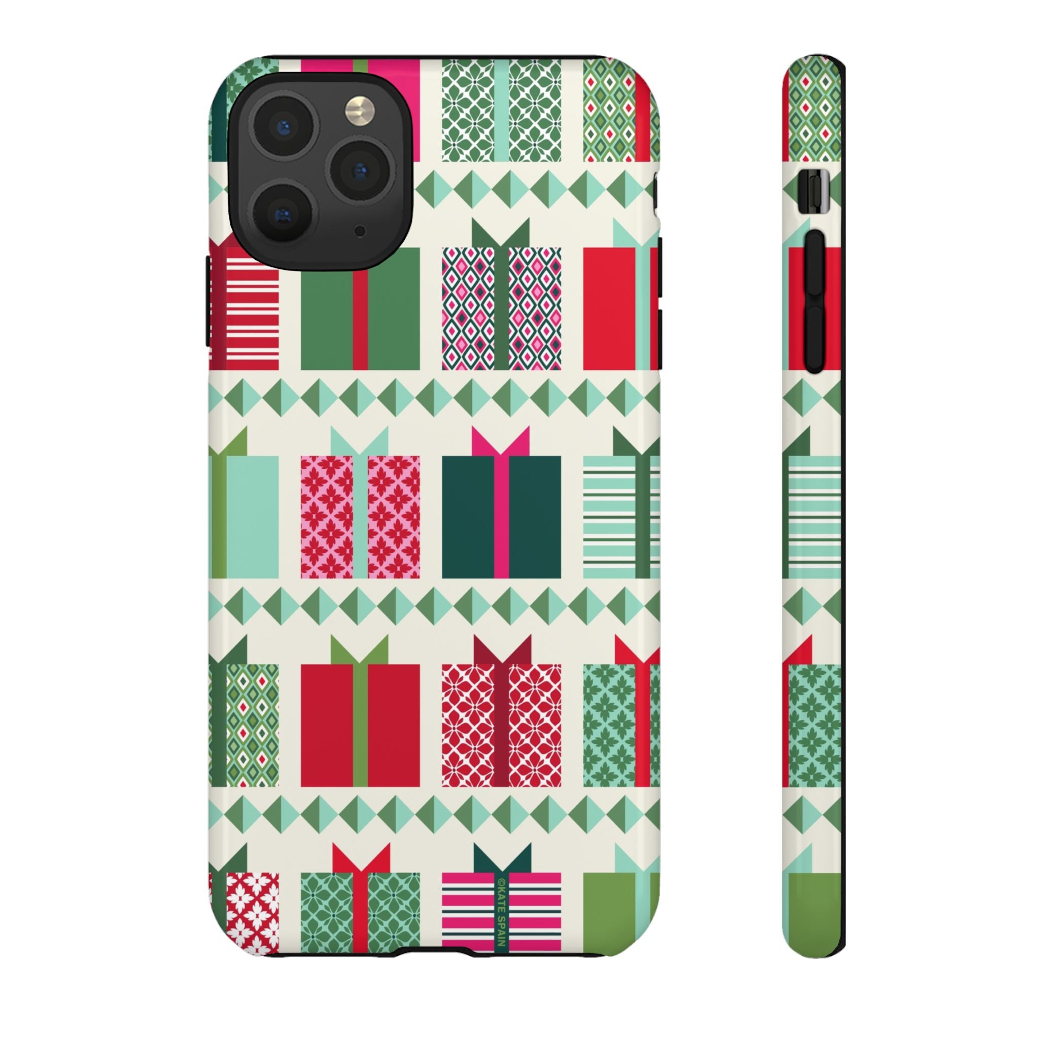 All Wrapped Up Tough iPhone 11 Pro Max Case – Glossy | cream, red, pink, green, mint geometric gift wrap holiday print