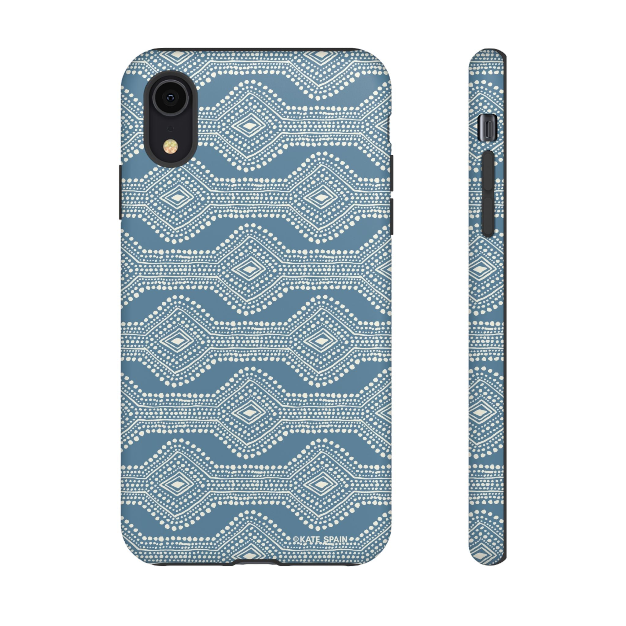 Diamond Dots Tough iPhone XR Case – Matte | steel blue, white diamond dot geometric print