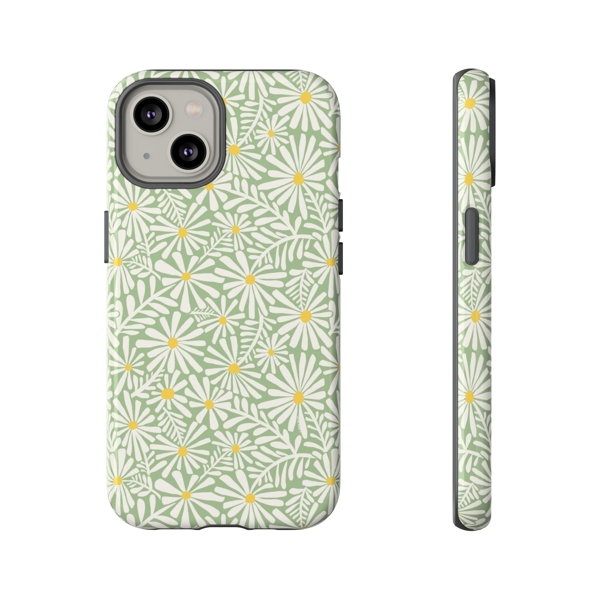 Montauk Daisy Meadow Green iPhone 14 Case – Glossy | sage green, white graphic daisy and fern print, golden yellow centers | dual-layer protection