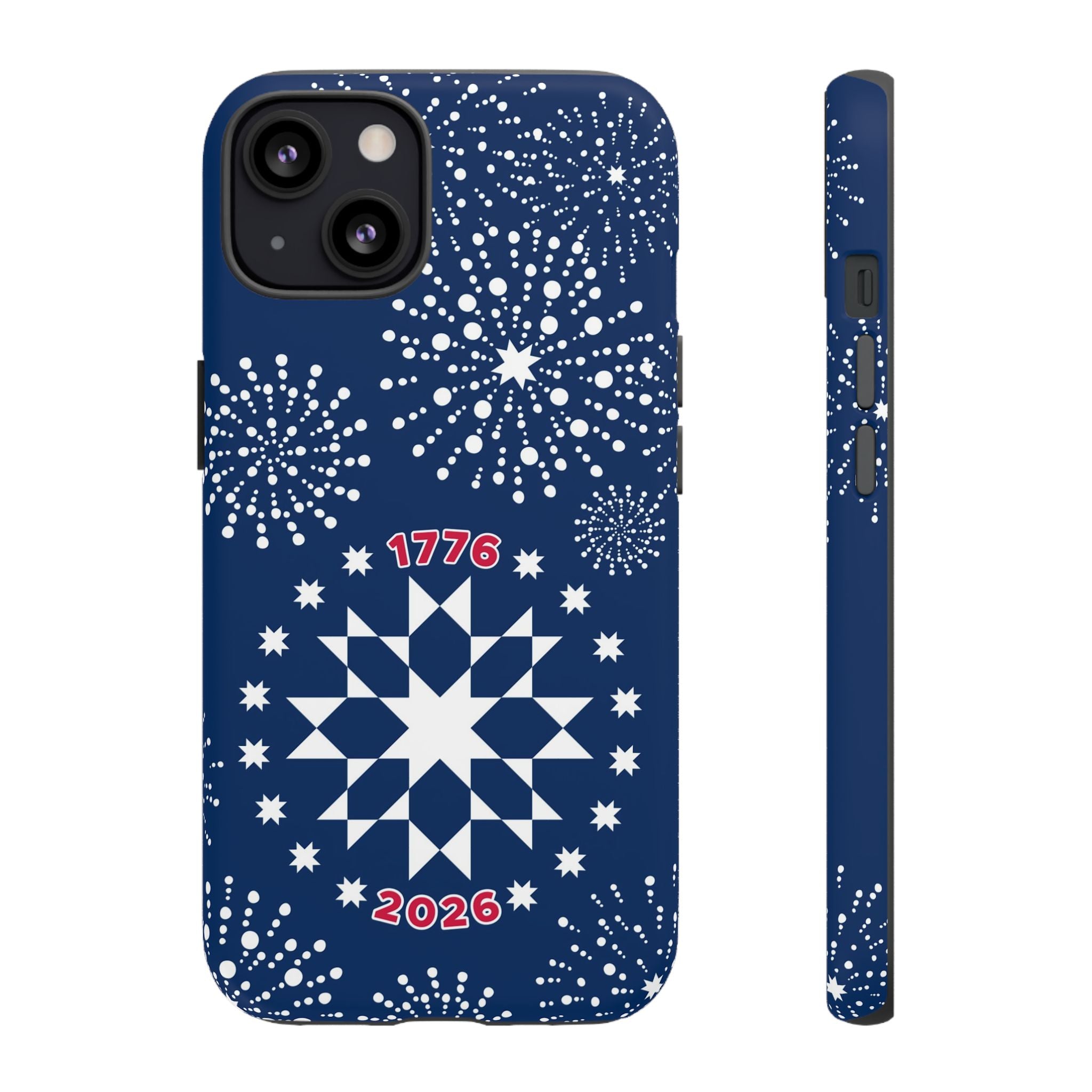 250th Fireworks Tough iPhone 13 Case – Glossy | navy, white patriotic star quilt fireworks print