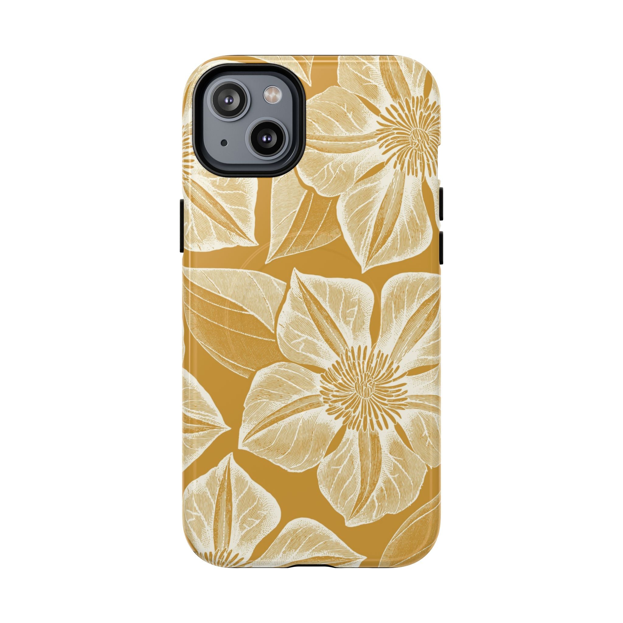 Vintage Bloom Gold MagSafe iPhone 14 Plus Case – Glossy | warm gold ground, large-scale cream clematis print, engraved petal detail, dual-layer protection