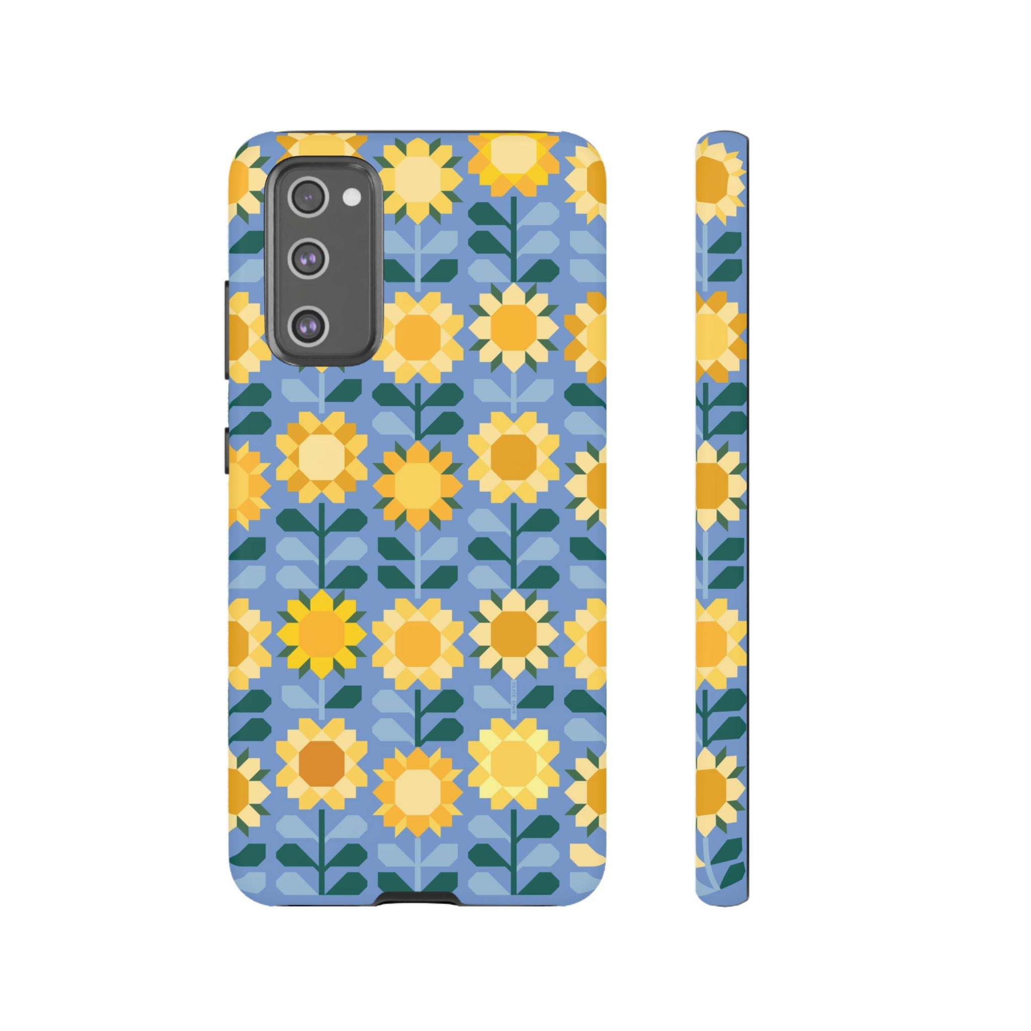 Luxury Sunflowers Samsung Galaxy S20 FE Case – Matte | blue, yellow, gold geometric sunflower print 