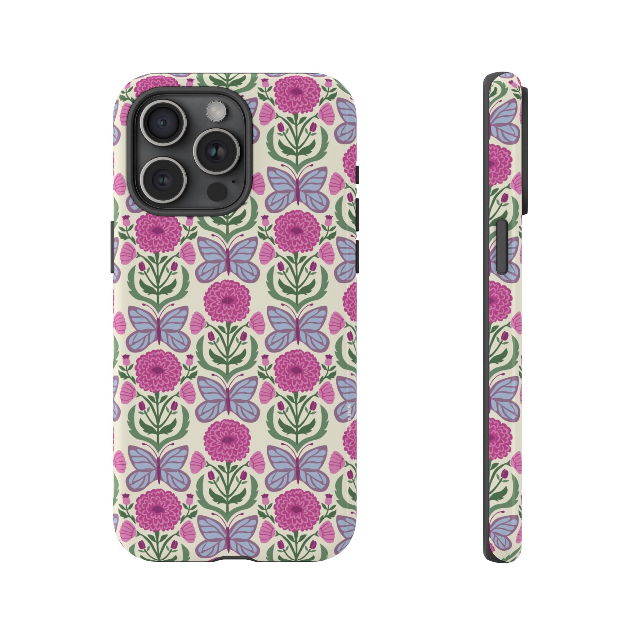 Butterfly Tough iPhone 15 Pro Max Case – Glossy | cream, magenta, periwinkle butterfly floral print