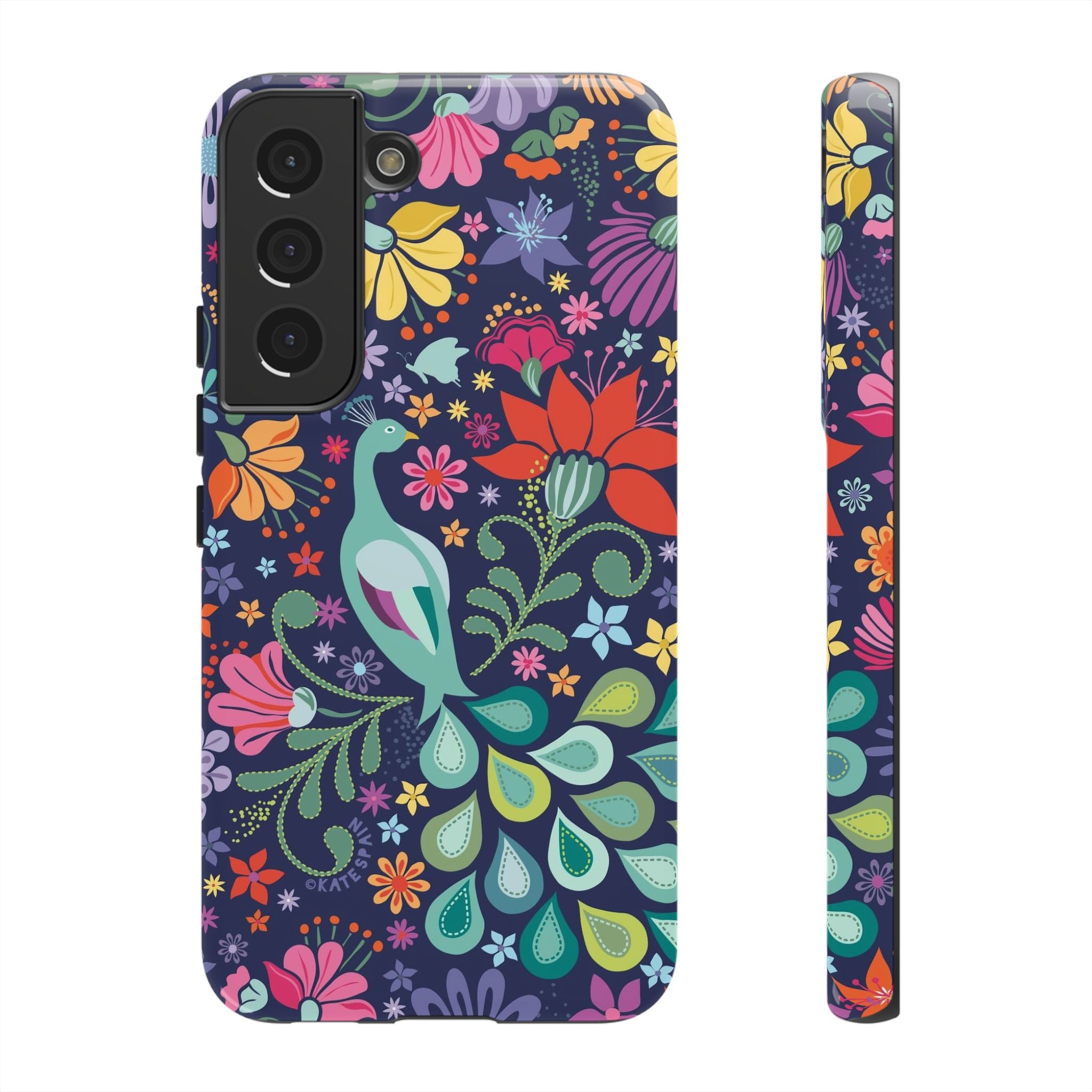 Luxury Peacock Sanctuary Samsung Galaxy S22 Case – Glossy | navy, teal, coral multicolor vibrant peacock feather botanical print