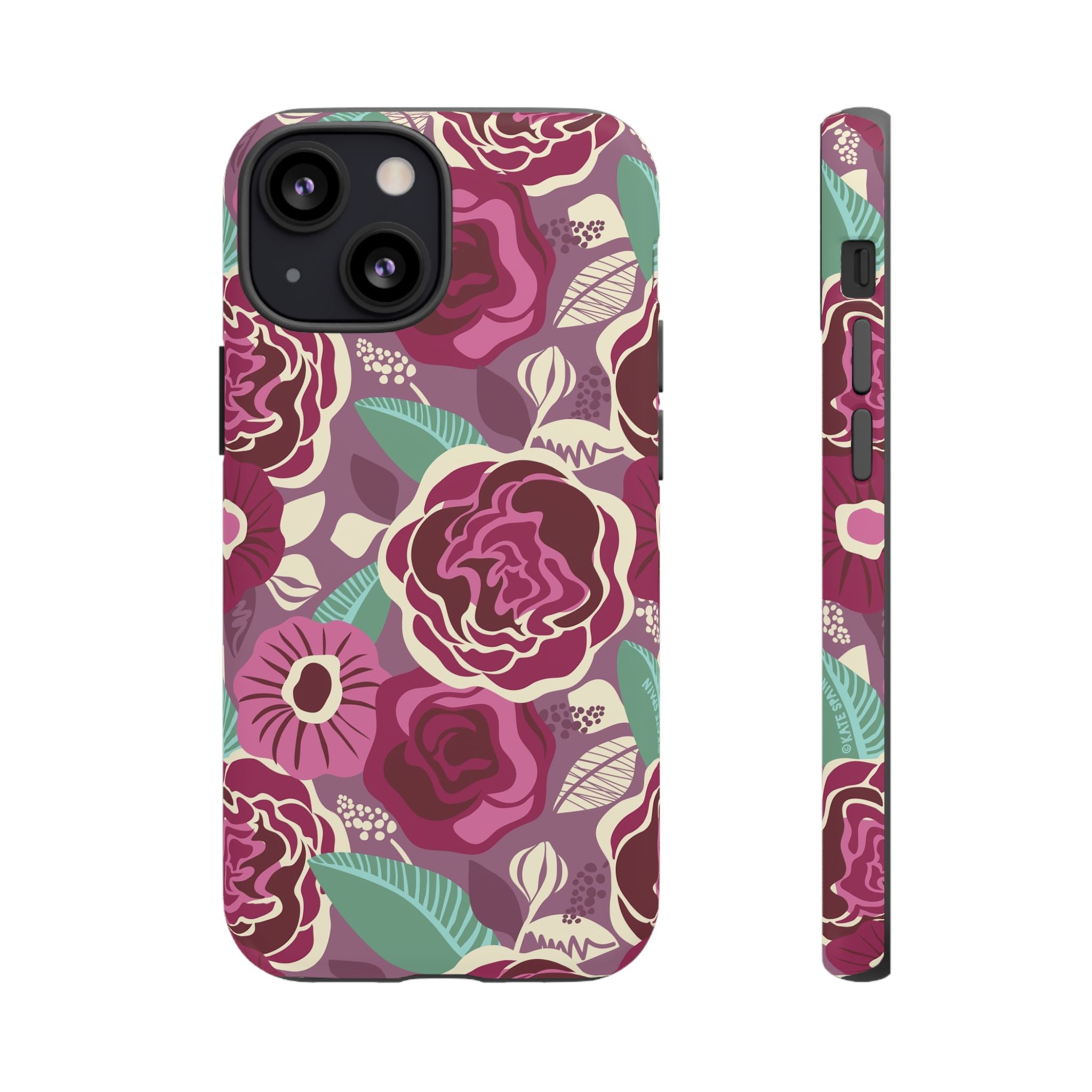 Tea Rose Burgundy Tough iPhone 13 Mini Case – Matte | burgundy, magenta, plum botanical rose floral print