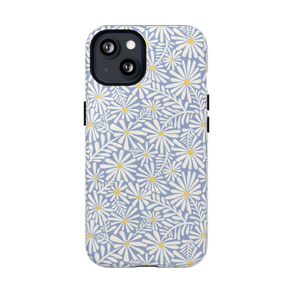 Montauk Daisy Cottage Blue MagSafe iPhone 13 Case – Glossy | periwinkle blue, white graphic daisy and fern print, golden yellow centers MagSafe compatible, dual-layer protection