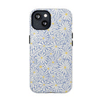 Montauk Daisy Cottage Blue MagSafe iPhone 13 Case – Glossy | periwinkle blue, white graphic daisy and fern print, golden yellow centers MagSafe compatible, dual-layer protection
