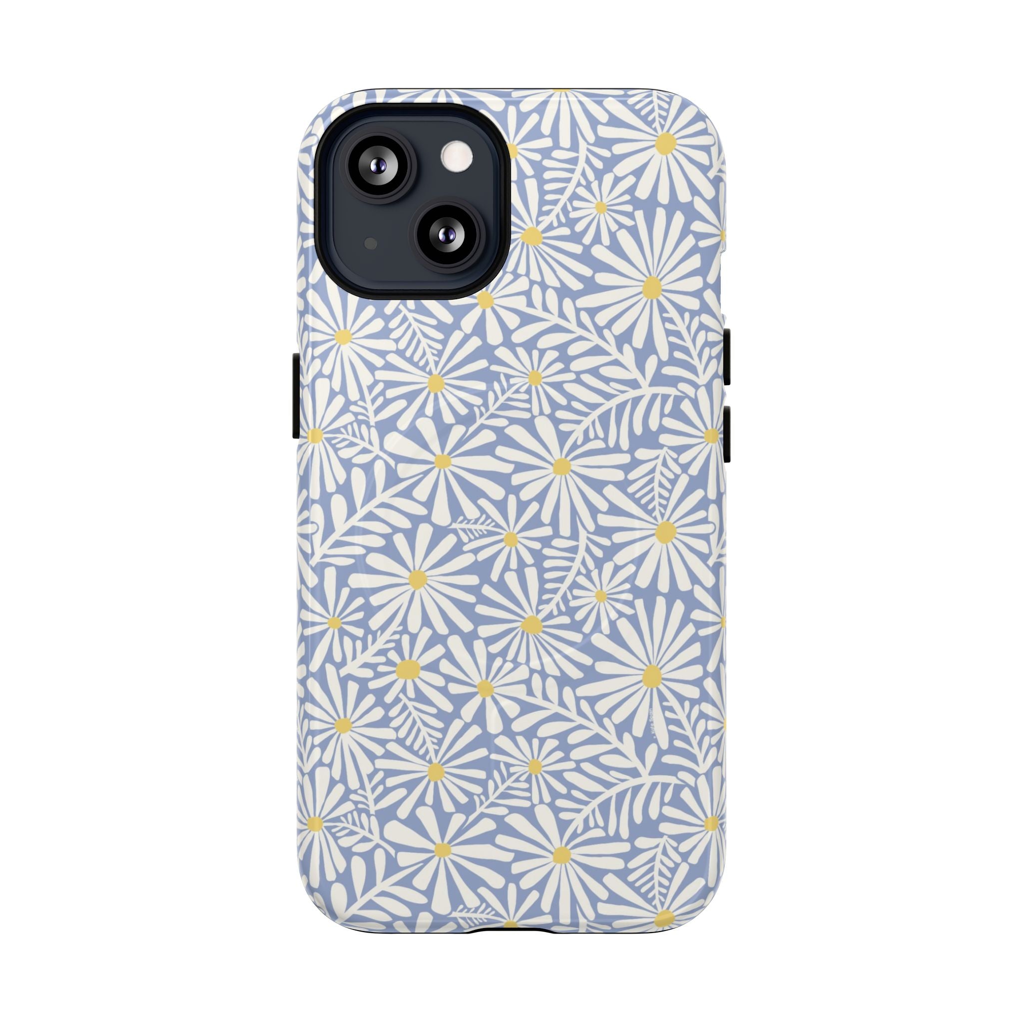 Montauk Daisy Cottage Blue MagSafe iPhone 13 Case – Glossy | periwinkle blue, white graphic daisy and fern print, golden yellow centers MagSafe compatible, dual-layer protection