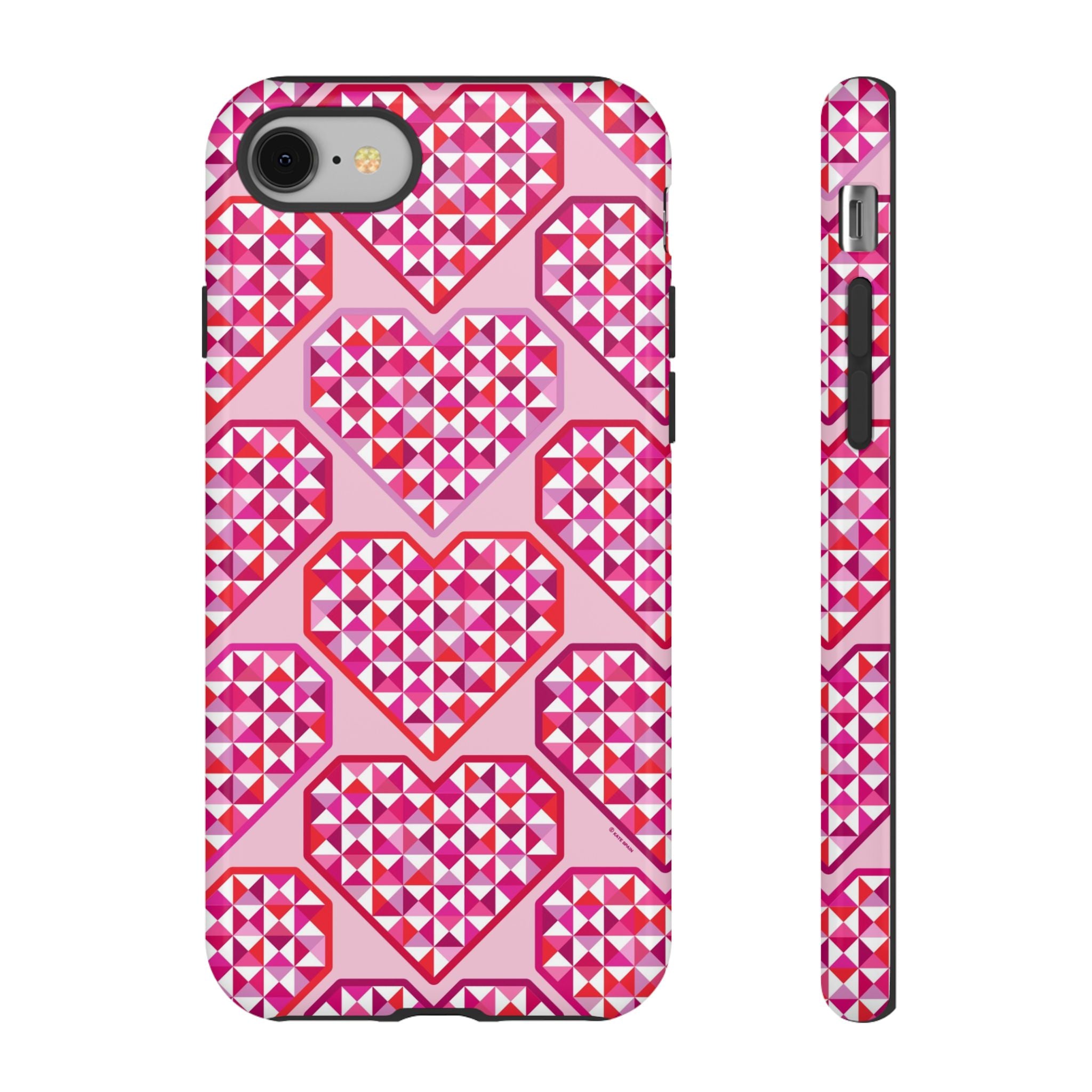 Pink Pyramid Heart Tough iPhone 8 Case – Glossy | blush, pink, magenta, red geometric pyramid heart print