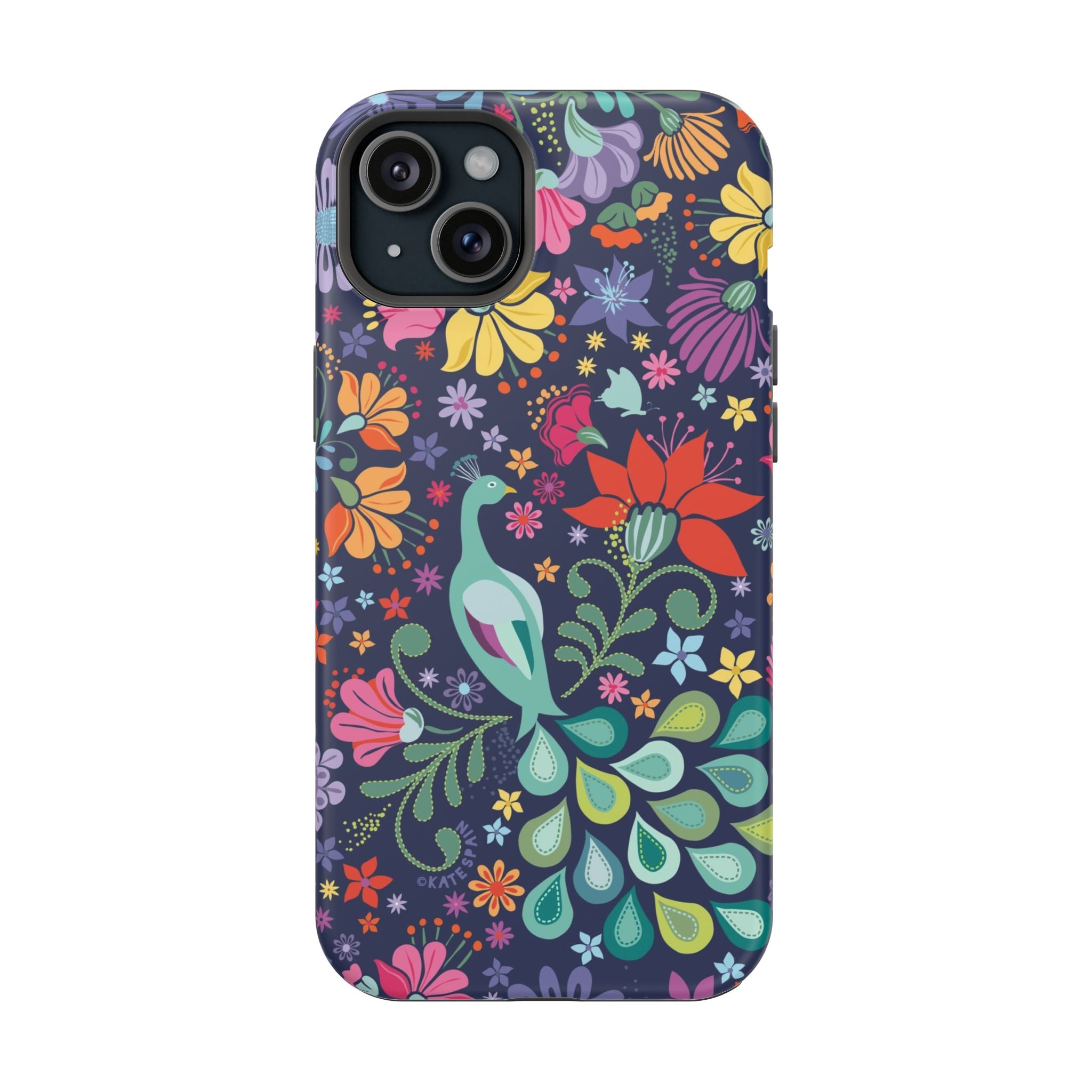 Peacock Sanctuary MagSafe iPhone 15 Plus Case – Matte | navy, teal, ivory peacock botanical print MagSafe compatible, dual-layer protection