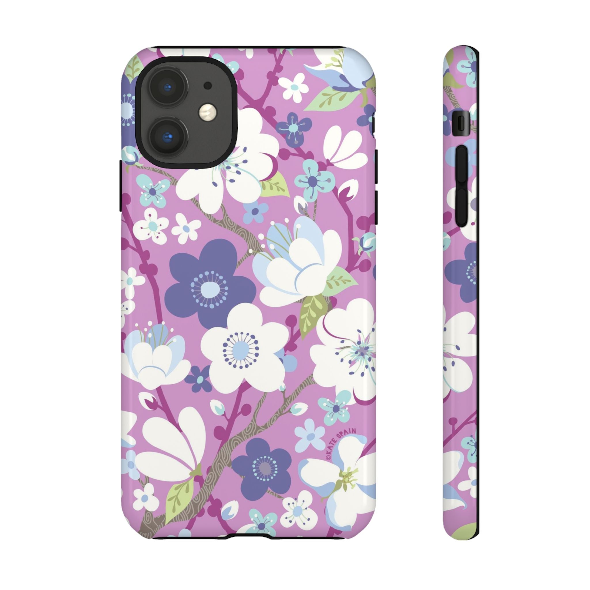 Luxury Cherry Blossom Tough iPhone 11 Case – Glossy | mauve, purple, blue, white cherry blossom print