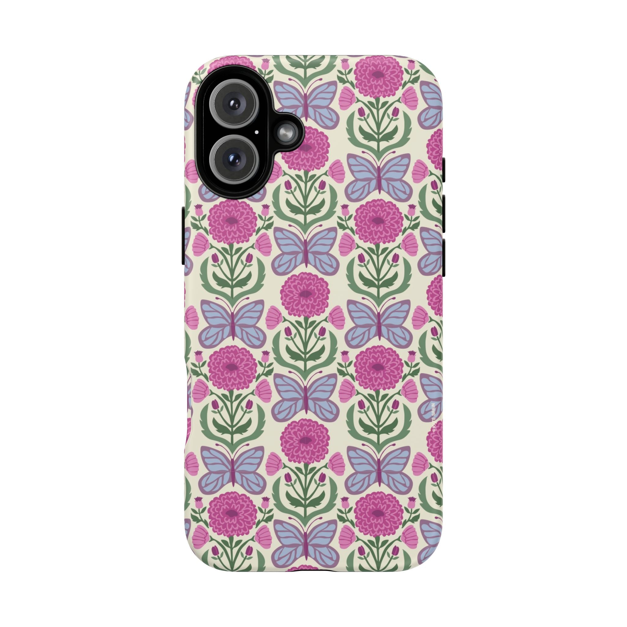 Butterfly Tough iPhone 16 Plus Case – Matte | cream, magenta, periwinkle butterfly floral print