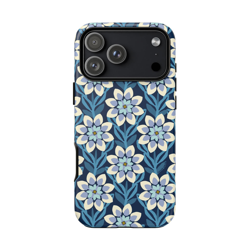 Designer Modern Dahlia Tough iPhone 17 Pro Max Case – Matte | navy, cobalt, white dahlia floral print