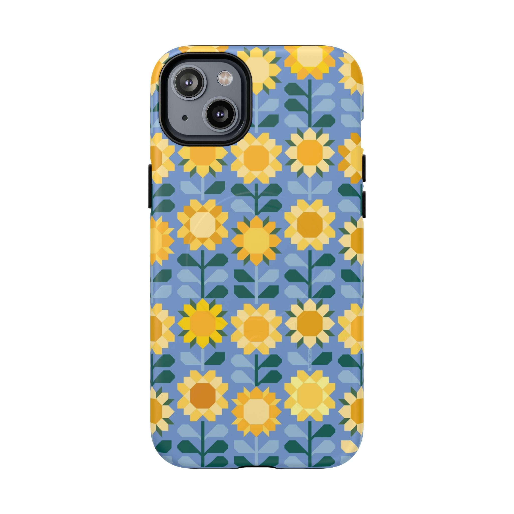 Sunflowers MagSafe iPhone 14 Plus Case – Matte | blue, yellow, gold geometric sunflower print