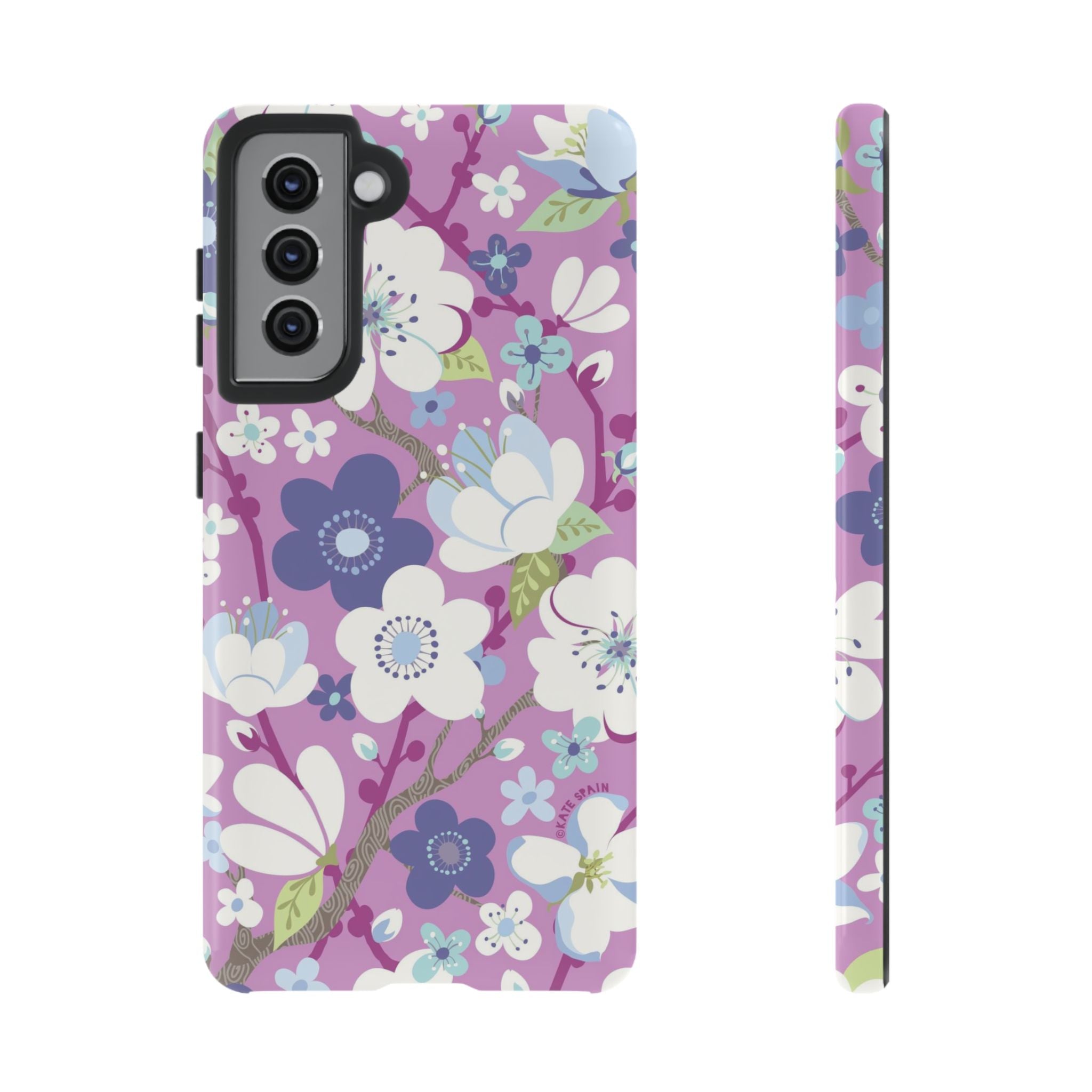 Cherry Blossom Samsung Galaxy S21 Case – Glossy | mauve, white, periwinkle cherry blossom floral print