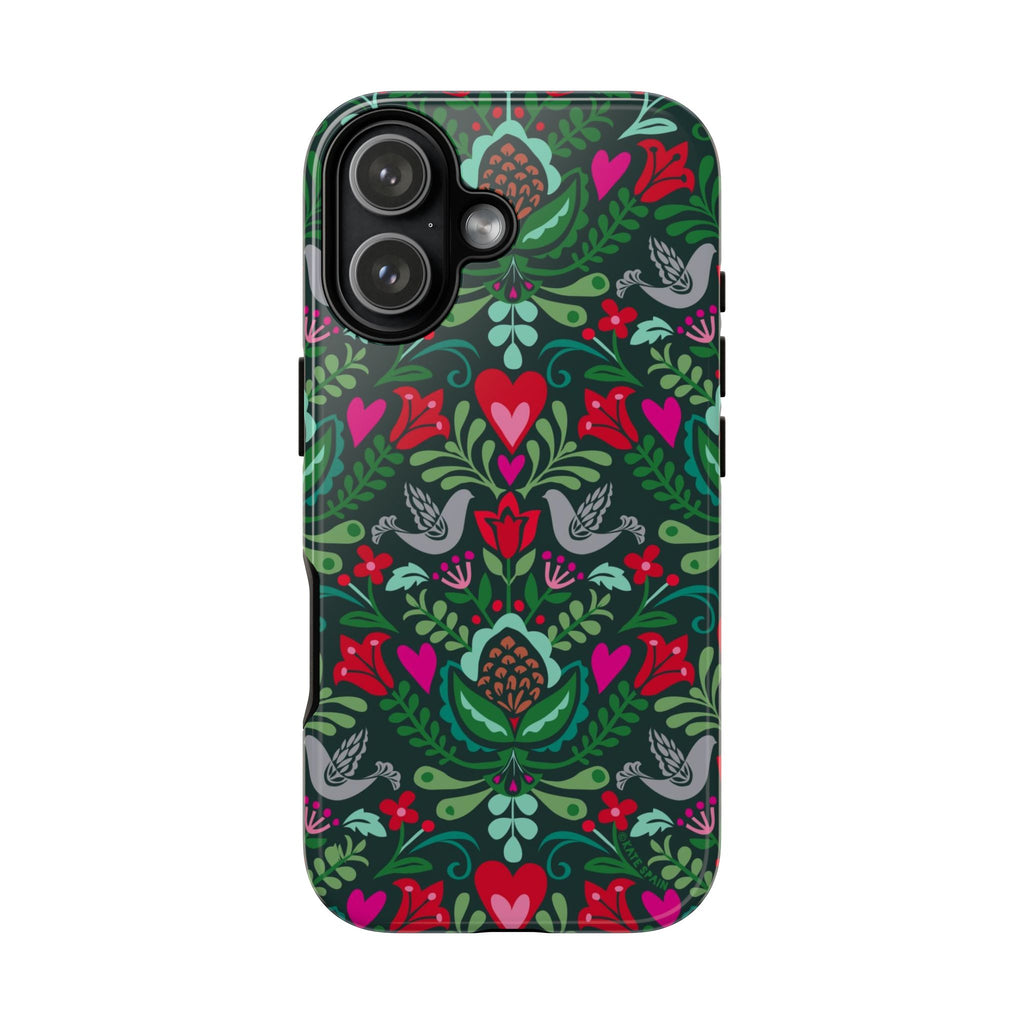 Rosemaling Tough iPhone 17 Case – Glossy | dark green, red, pink, gray folk art floral bird print
