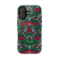 Rosemaling Tough iPhone 17 Case – Glossy | dark green, red, pink, gray folk art floral bird print