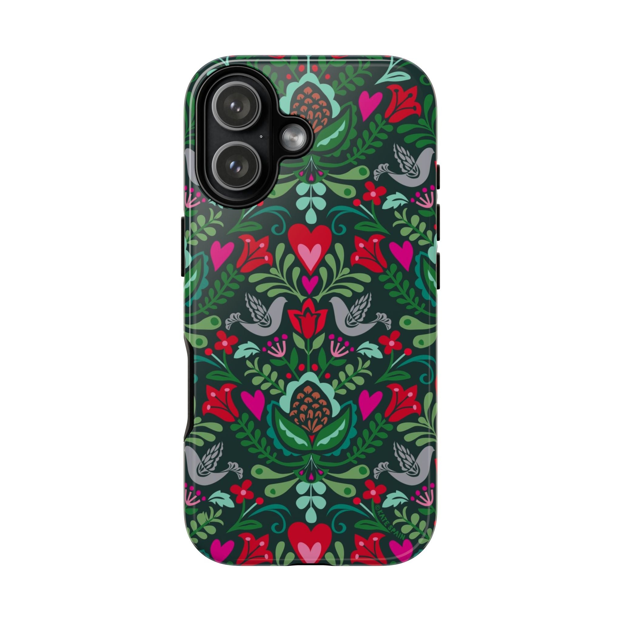 Rosemaling Tough iPhone 17 Case – Glossy | dark green, red, pink, gray folk art floral bird print