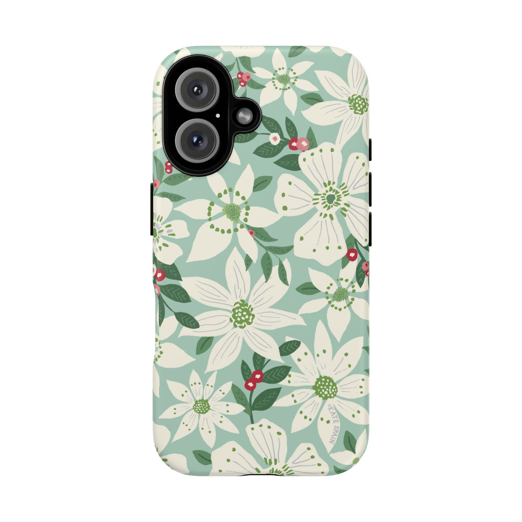 Gardenia Tough iPhone 16 Case – Matte | light blue, white, green, red gardenia botanical print