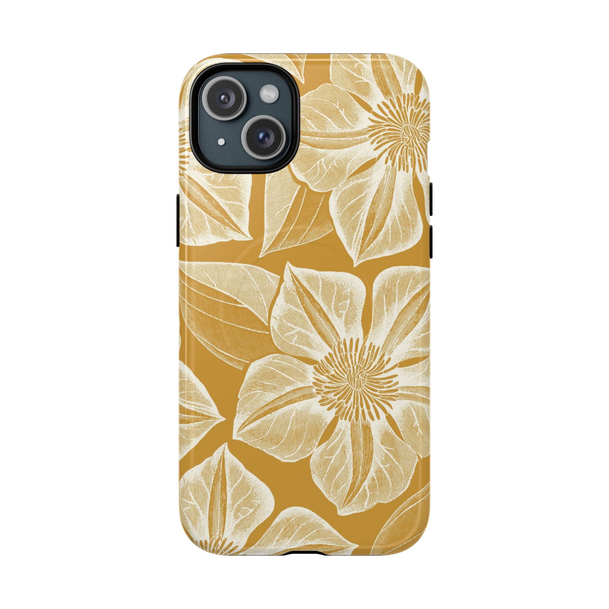 Vintage Bloom Gold MagSafe iPhone 15 Plus Case – Glossy | warm gold ground, large-scale cream clematis print, engraved petal detail, dual-layer protection