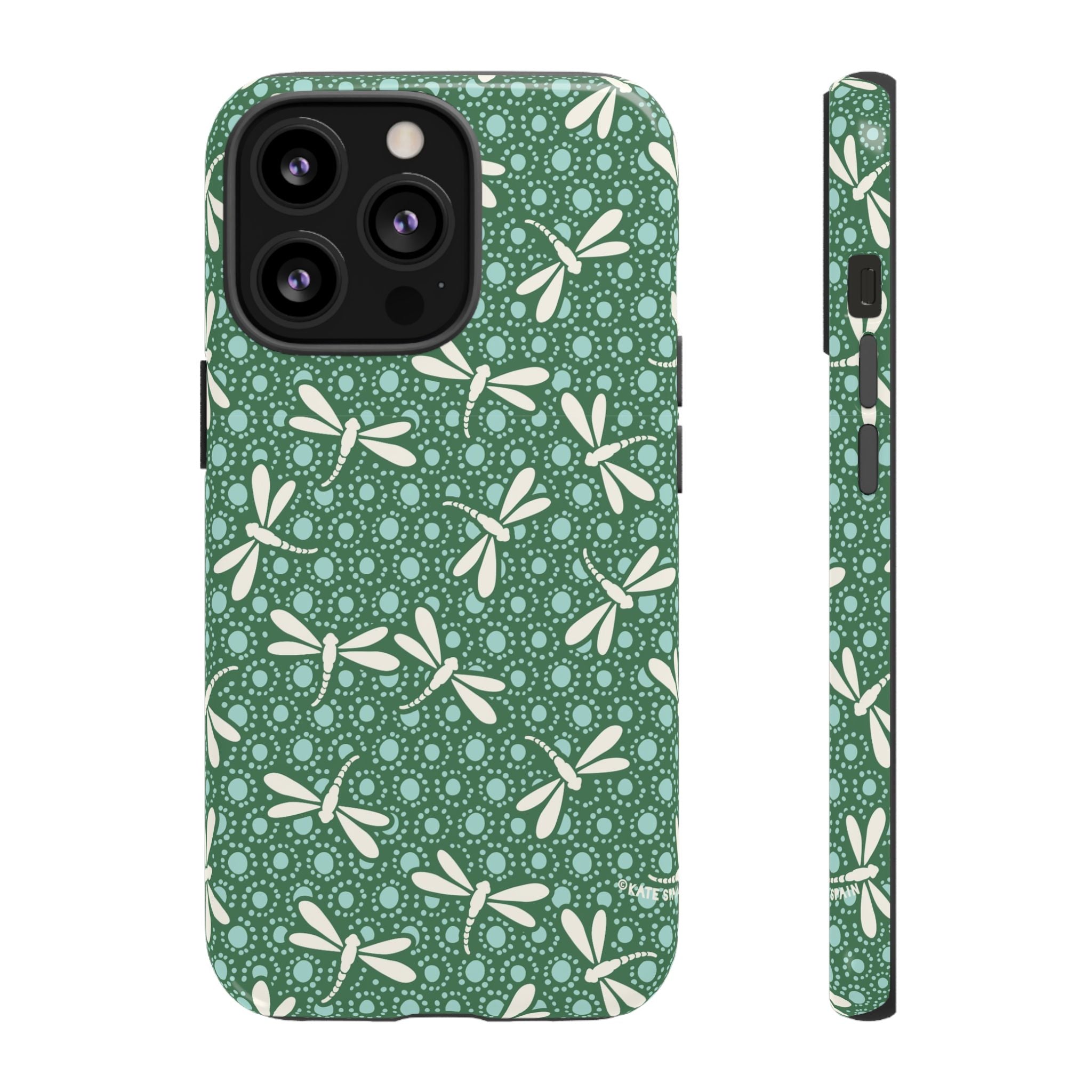 Designer Dragonfly Tough iPhone 13 Pro Case – Glossy | jade green, aqua, cream dragonfly print