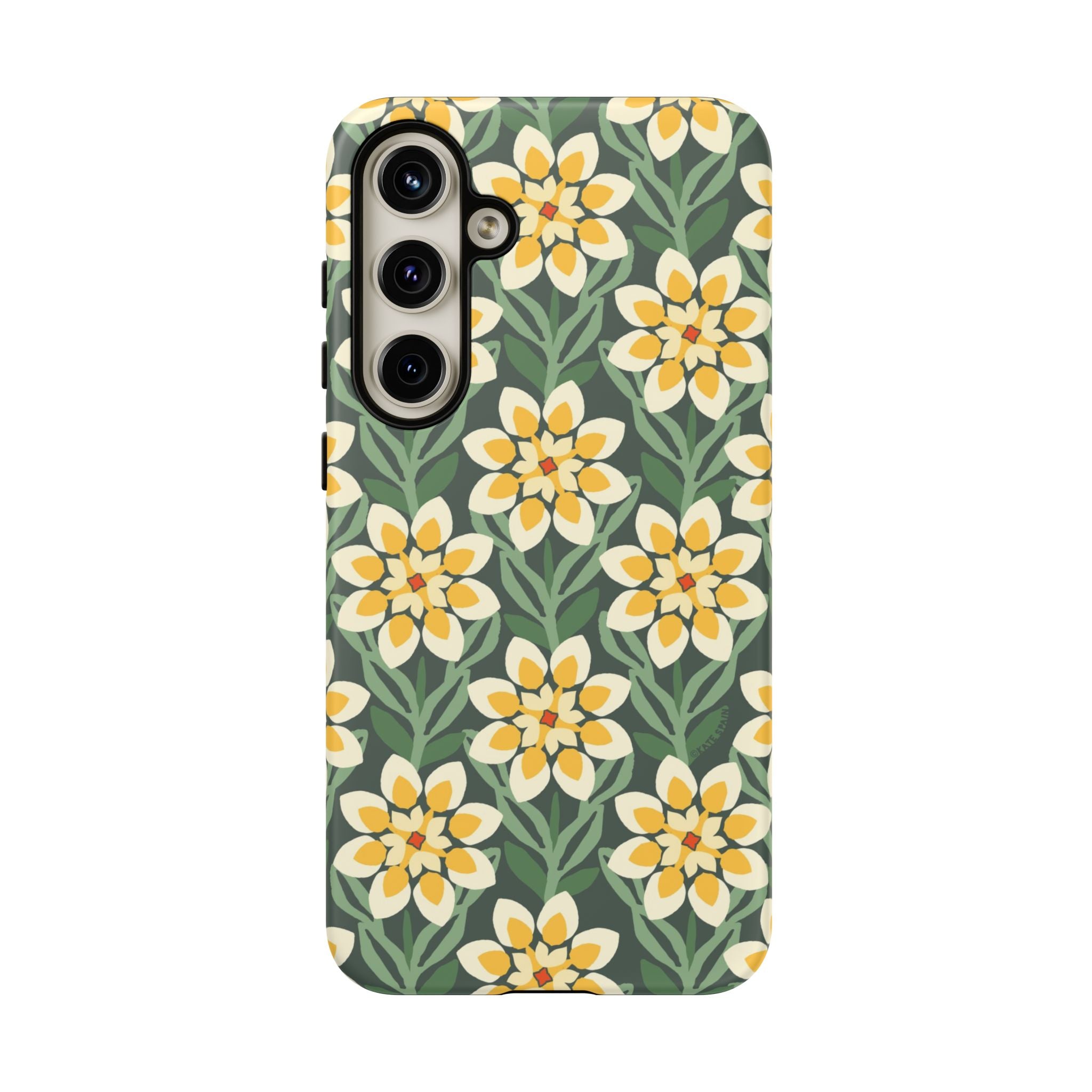 Luxury Modern Dahlia Samsung Galaxy S24 Plus Case – Matte | forest green, yellow, cream modern dahlia print
