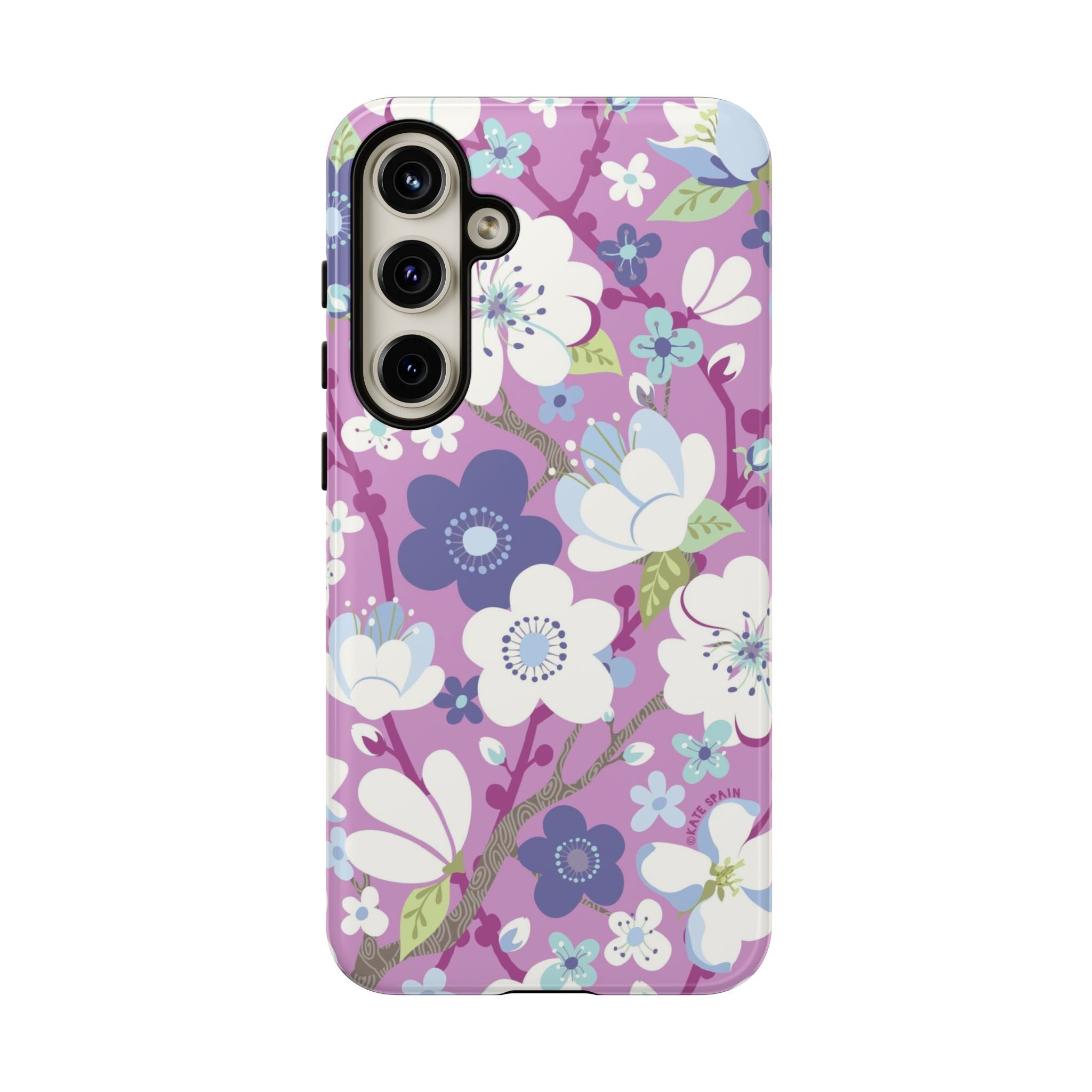 Cherry Blossom Samsung Galaxy S24 Plus Case – Glossy | mauve, white, periwinkle cherry blossom floral print