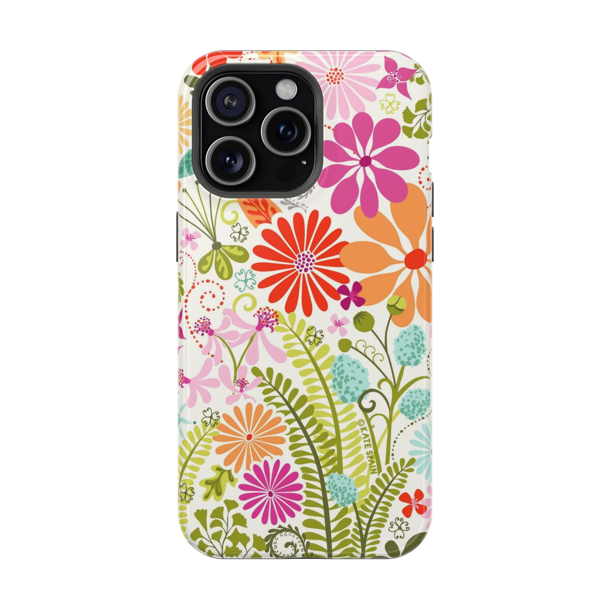 Luxury Terrain MagSafe iPhone 15 Pro Max Case – Glossy | white, magenta, coral botanical woodland floral print