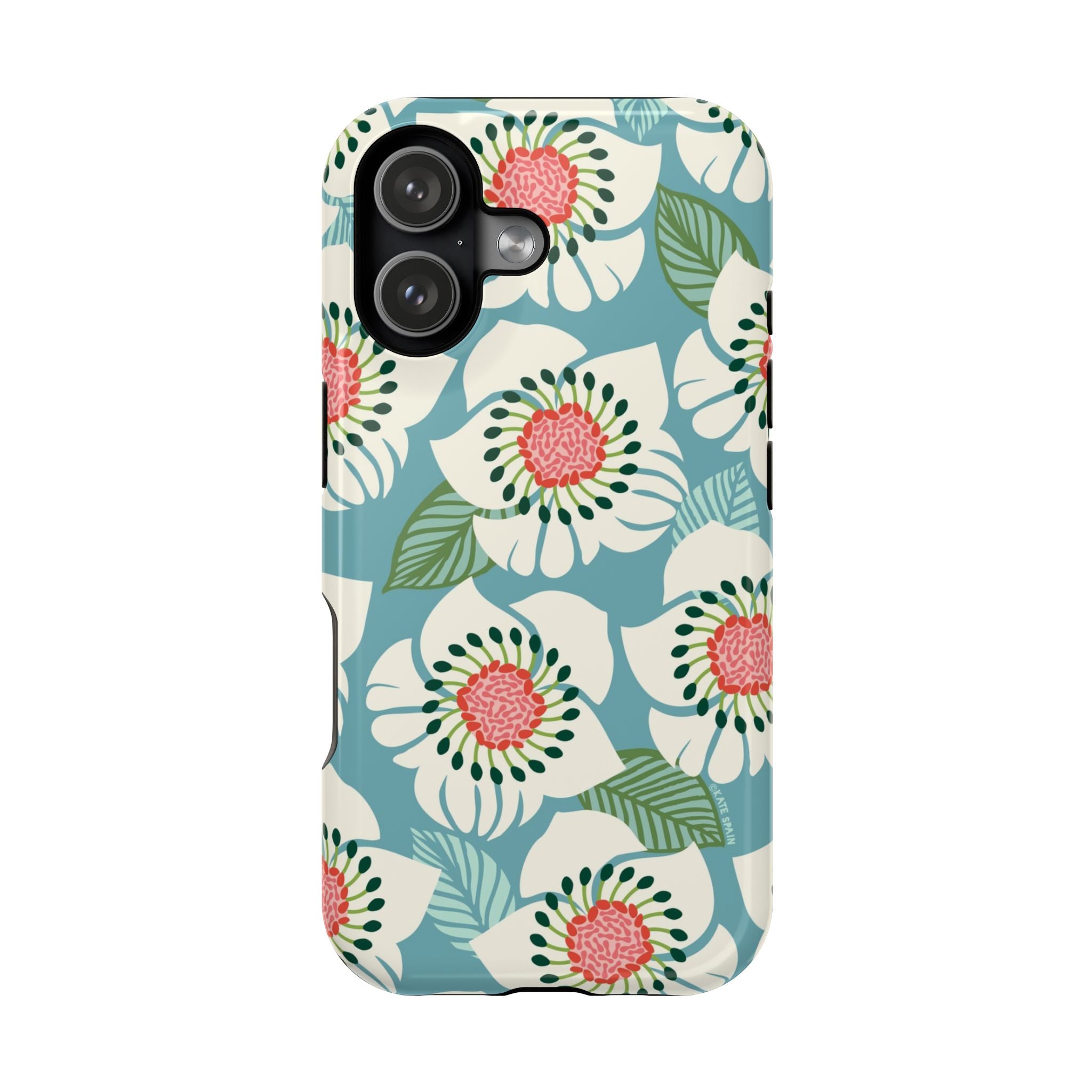 Panache Floral MagSafe iPhone 17 Case – Glossy | sky blue, pale cream, pink anemone floral print