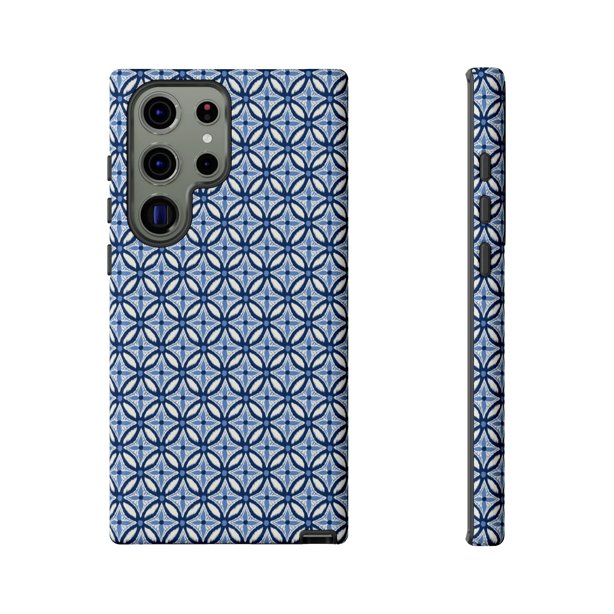 Light blue Samsung Galaxy case with navy and periwinkle ikat geometric pattern — botanical phone case by Kate Spain for Floriori