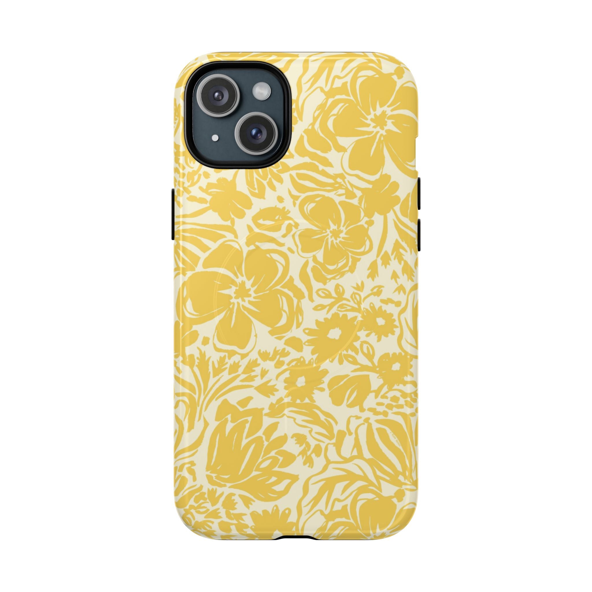 Rhapsody Yellow MagSafe iPhone 14 Plus Glossy case — bold golden yellow floral print on cream by Kate Spain