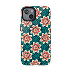 Modern Dahlia MagSafe iPhone 14 Case – Glossy | teal, coral, cream botanical dahlia floral print