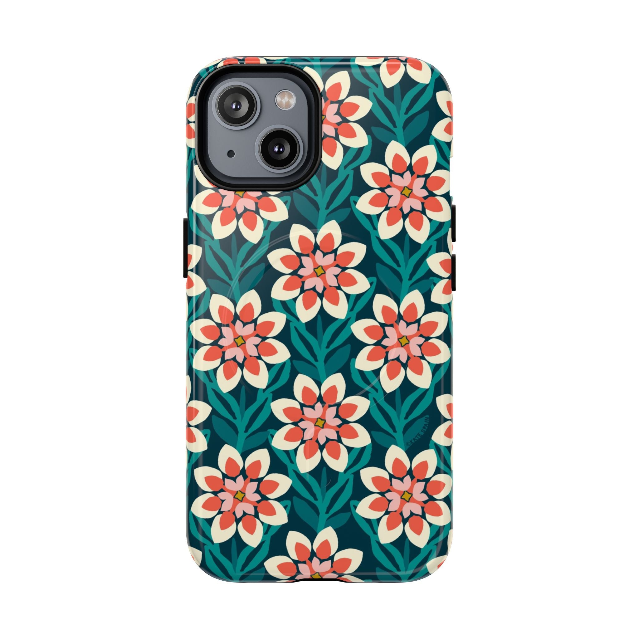 Modern Dahlia MagSafe iPhone 14 Case – Glossy | teal, coral, cream botanical dahlia floral print