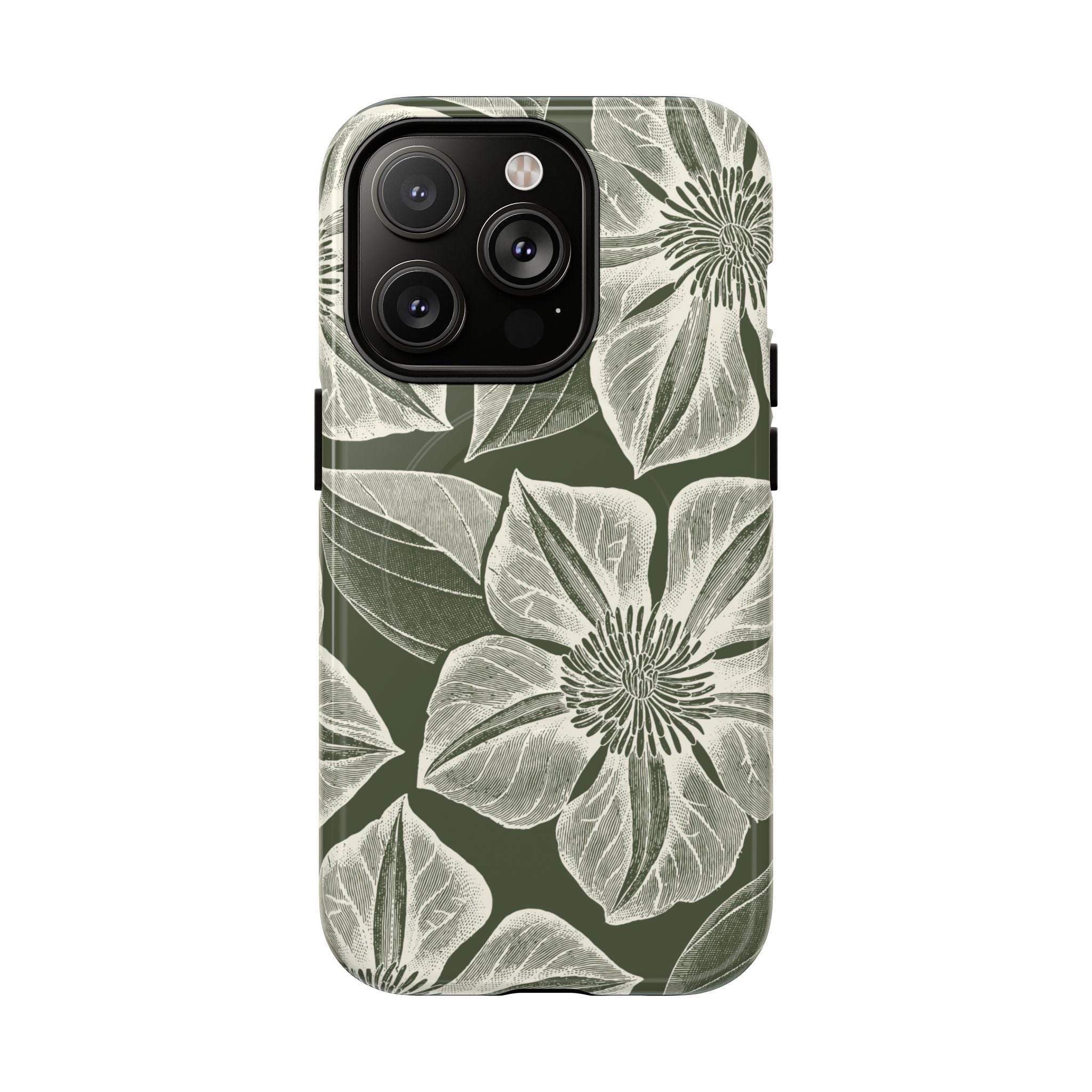 Vintage Bloom Cypress MagSafe iPhone 14 Pro – Glossy | cypress green ground, large-scale white clematis print, engraved petal detail, dual-layer protection