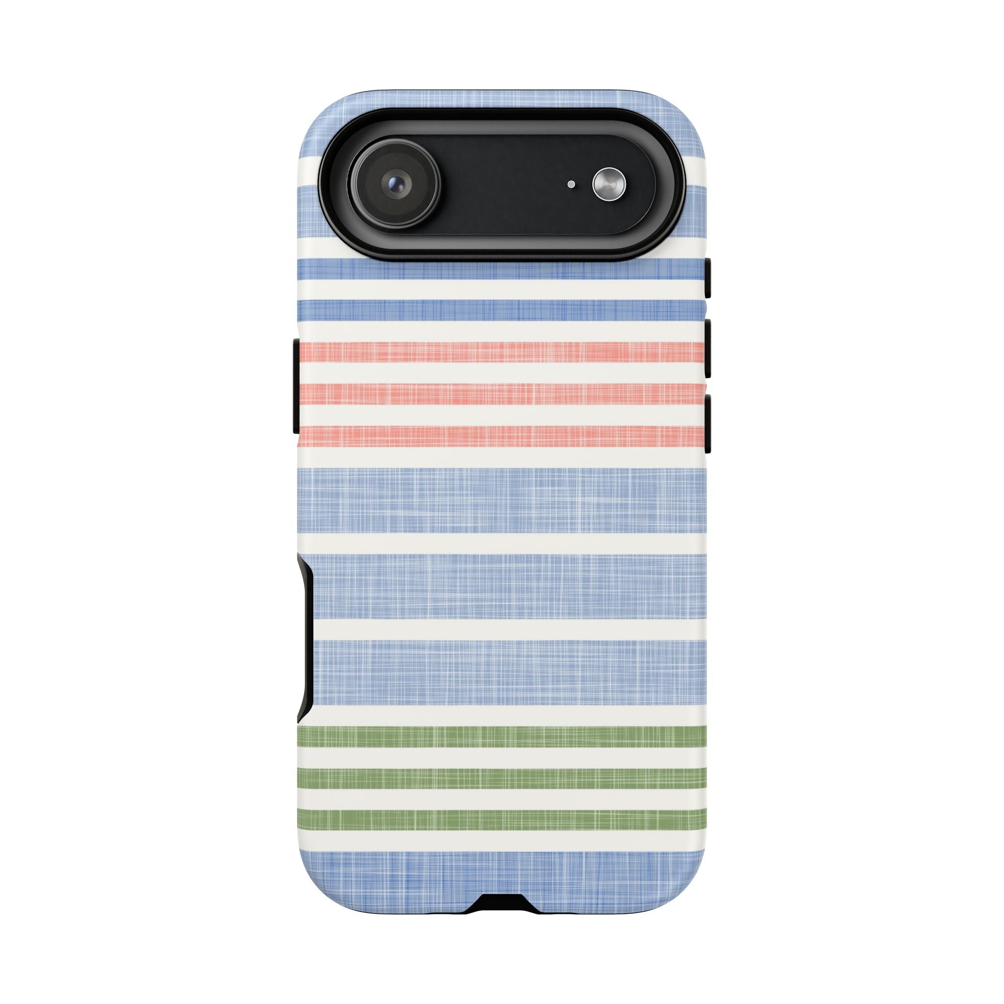 Cabana Stripe Pastel Tough iPhone 17 Air Case – Matte | soft blue, coral, sage green chambray-textured stripe print dual-layer protection