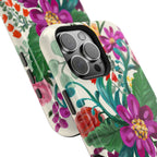 Posy MagSafe iPhone 16 Pro Max Case – Glossy angled view closeup of camera cutout and buttons | white, magenta, yellow, purple vibrant botanical floral print