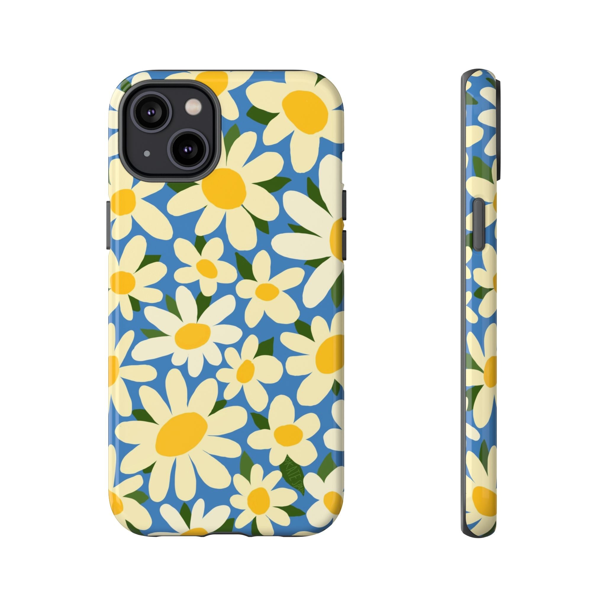 Shasta Daisy Tough iPhone 14 Plus Case – Glossy | blue, cream, yellow daisy floral print