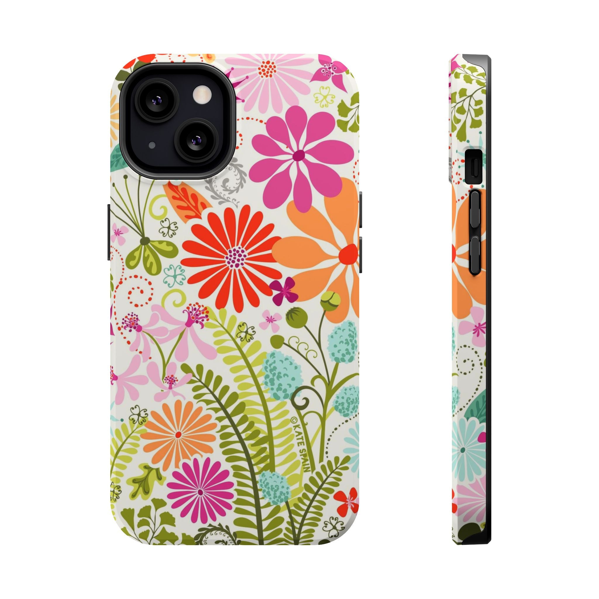 Luxury Terrain MagSafe iPhone 14 Case – Glossy | white, magenta, coral botanical woodland floral print