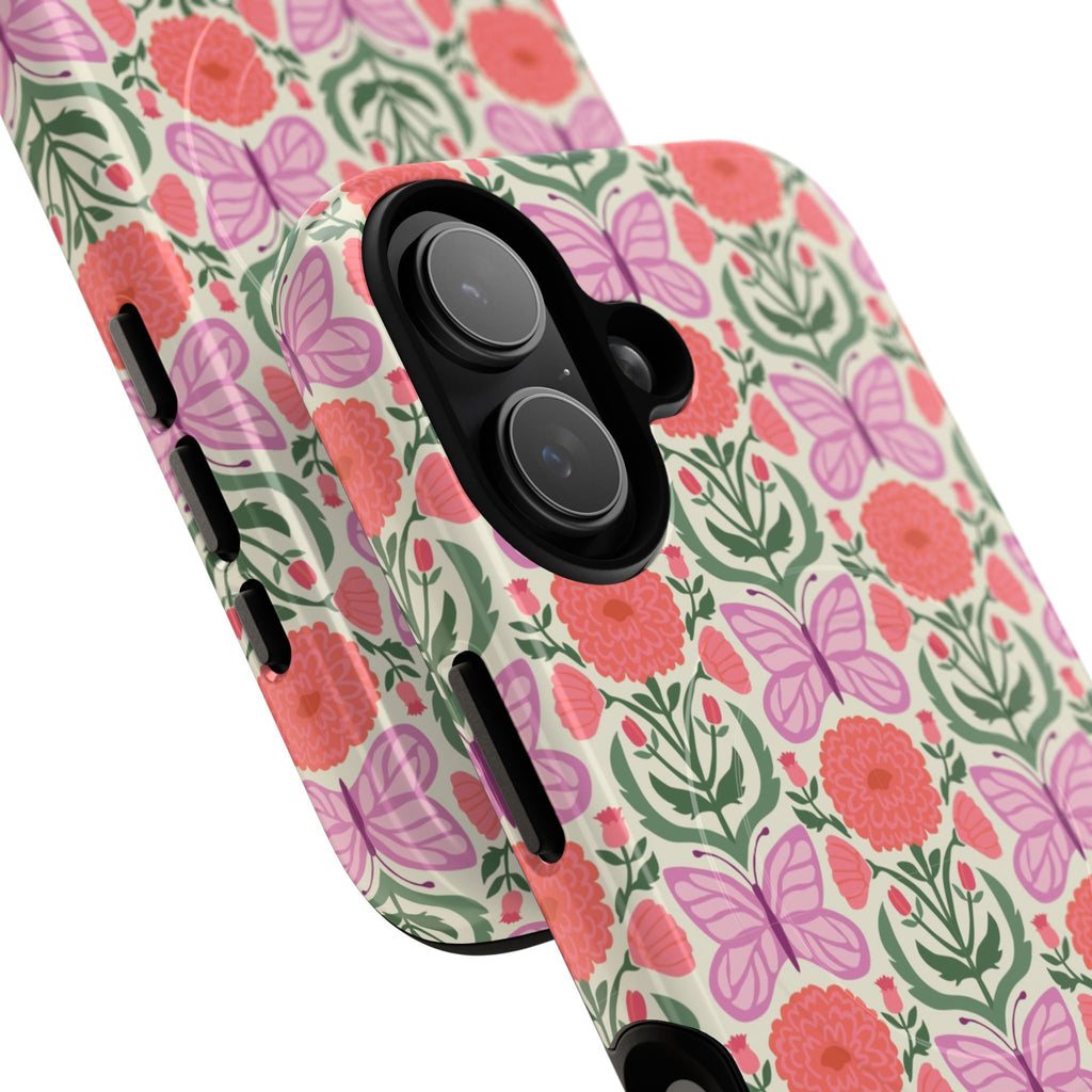 Pink Butterfly MagSafe iPhone 16 Pro Max Case – Glossy | pink, coral, green, cream butterfly floral print | angled view closeup of camera cutout and buttons