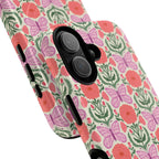 Pink Butterfly MagSafe iPhone 16 Pro Max Case – Glossy | pink, coral, green, cream butterfly floral print | angled view closeup of camera cutout and buttons