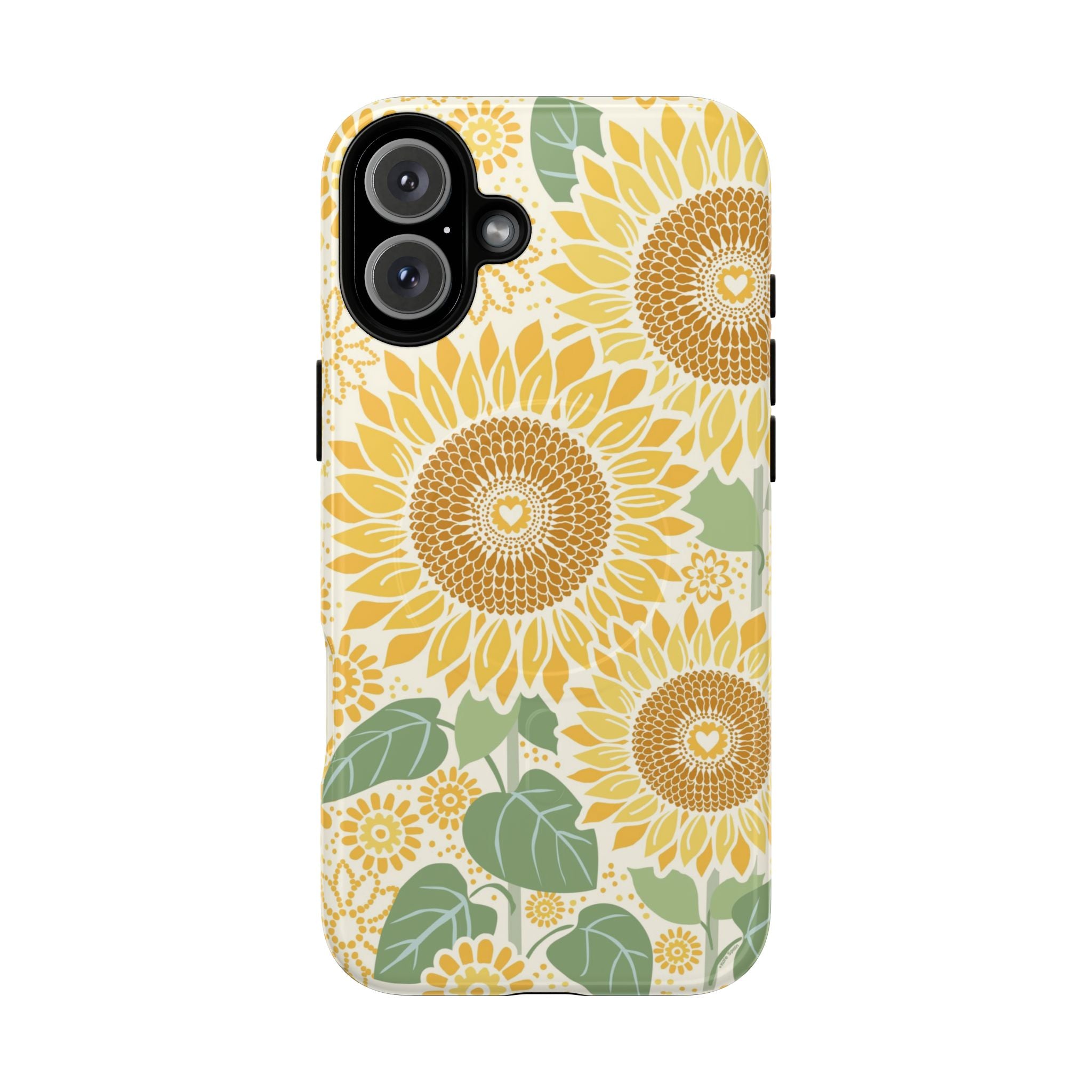 Sunny Sunflower MagSafe iPhone 16 Plus – Glossy | cream ground, large-scale yellow sunflower print, golden seed detail with heart centers, dual-layer protection